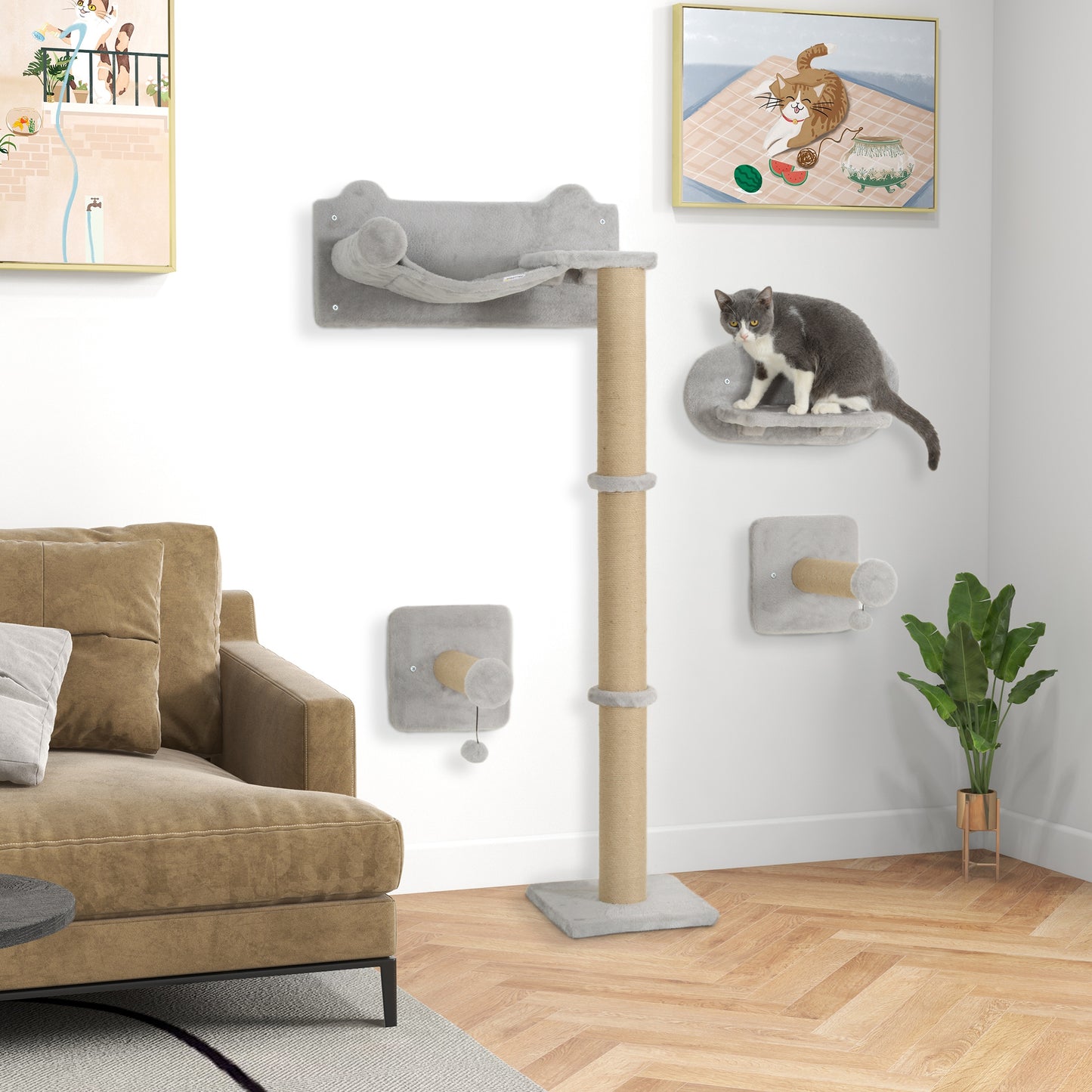 PawHut Indoor Cat Wall Shelf Set with Scratching Post, Steps, Jump Platform, and Toy Balls - Light Grey