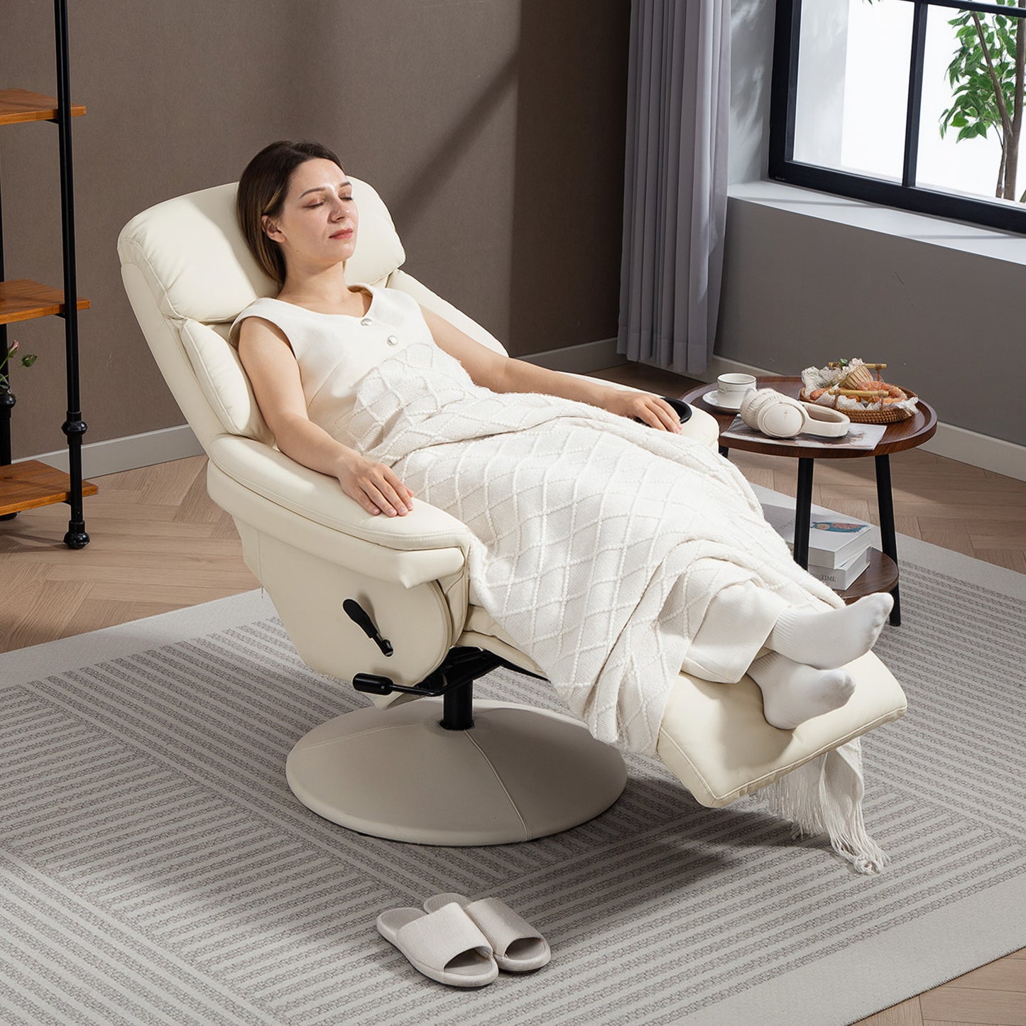 HOMCOM Manual Recliner Chair With Footrest Cup Holder PU Leather Swivel Armchair For Living Room Bedroom Cream White