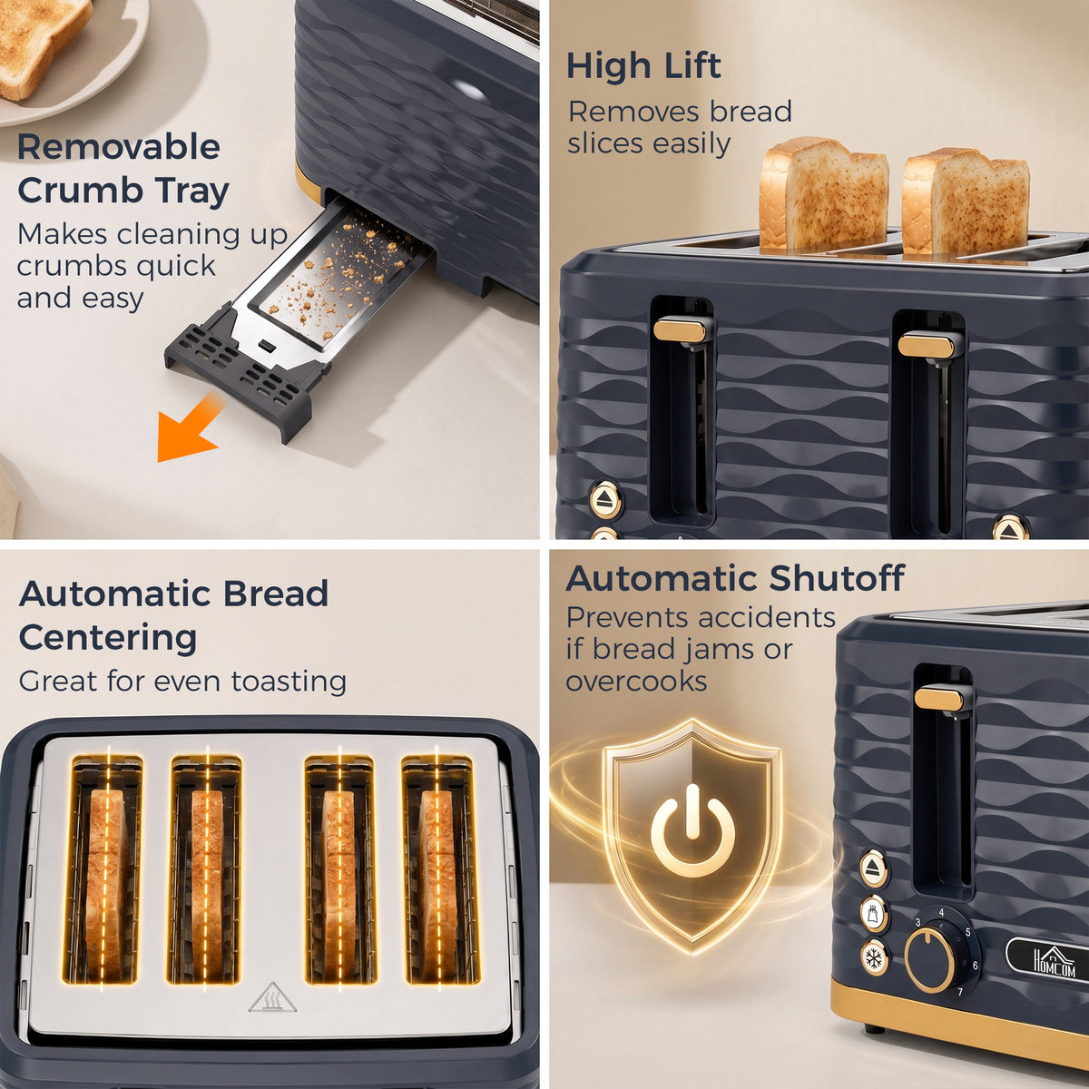 Homcom 4 Slice Toaster With High Lift And 7 Browning Levels