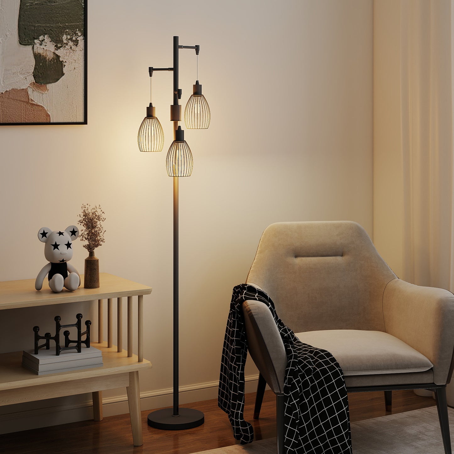 HOMCOM 3-Light LED Floor Lamp 170cm Tall 2700K Dimmable Industrial Standing Lamp with Steel Wire Cage Lampshades Black