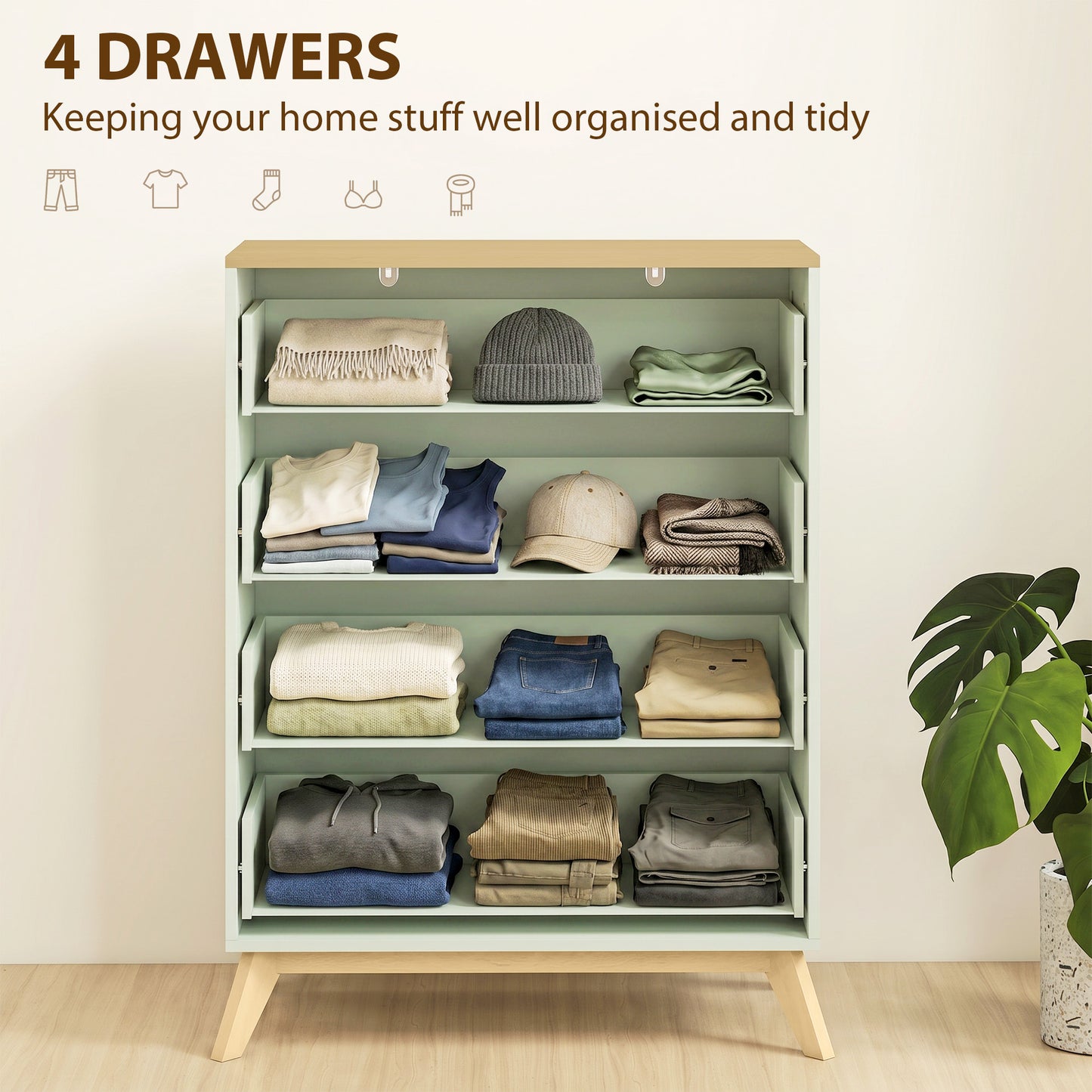 HOMCOM 4 Drawer Storage Cabinet Chest of Drawers for Bedroom and Living Room in Light Green and Oak Finish