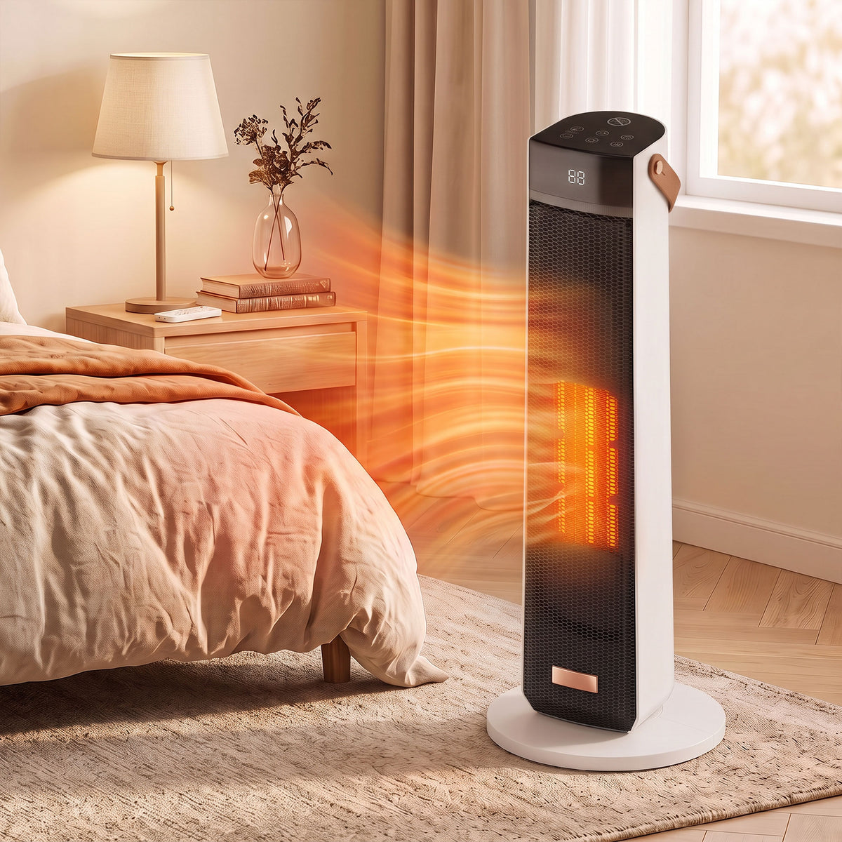 Portable ceramic tower heater with flame-effect glow standing on rug by bed