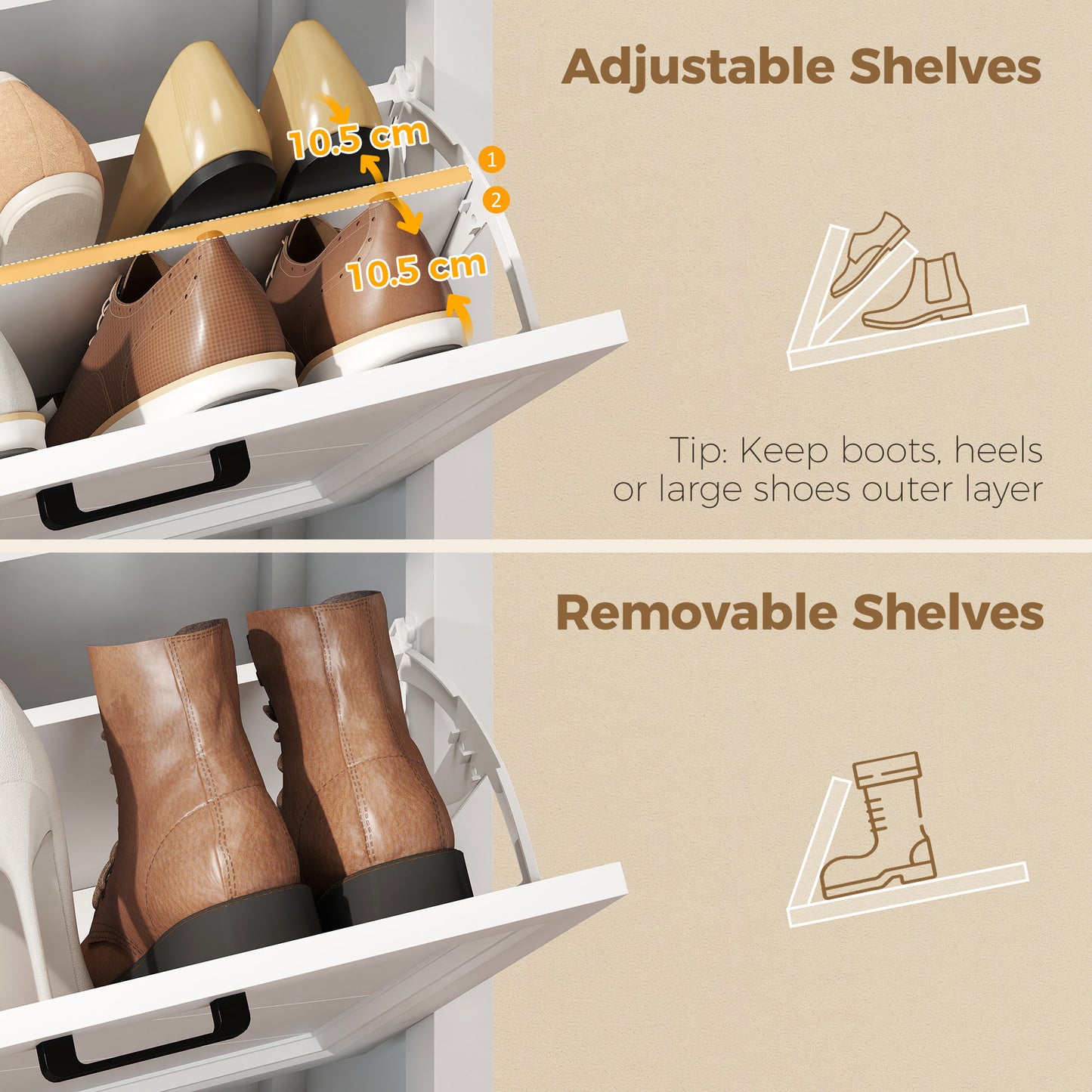 Homcom White Farmhouse Narrow Shoe Cabinet With Two Flip Drawers And Adjustable Shelves For 8 To 12 Pairs