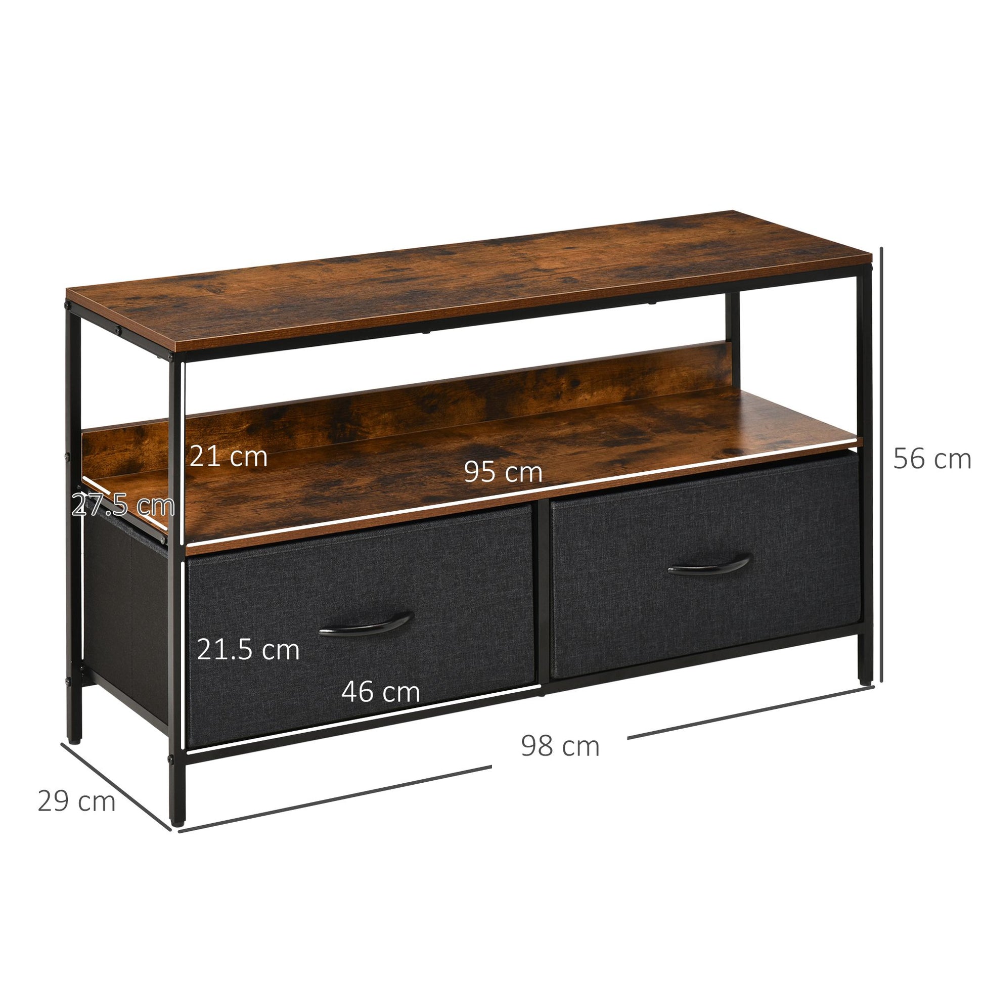 HOMCOM Rustic Brown TV Stand with 2 Foldable Linen Drawers and Open Shelving for Living Room and Entertainment Space - ALL4U RETAILER LTD