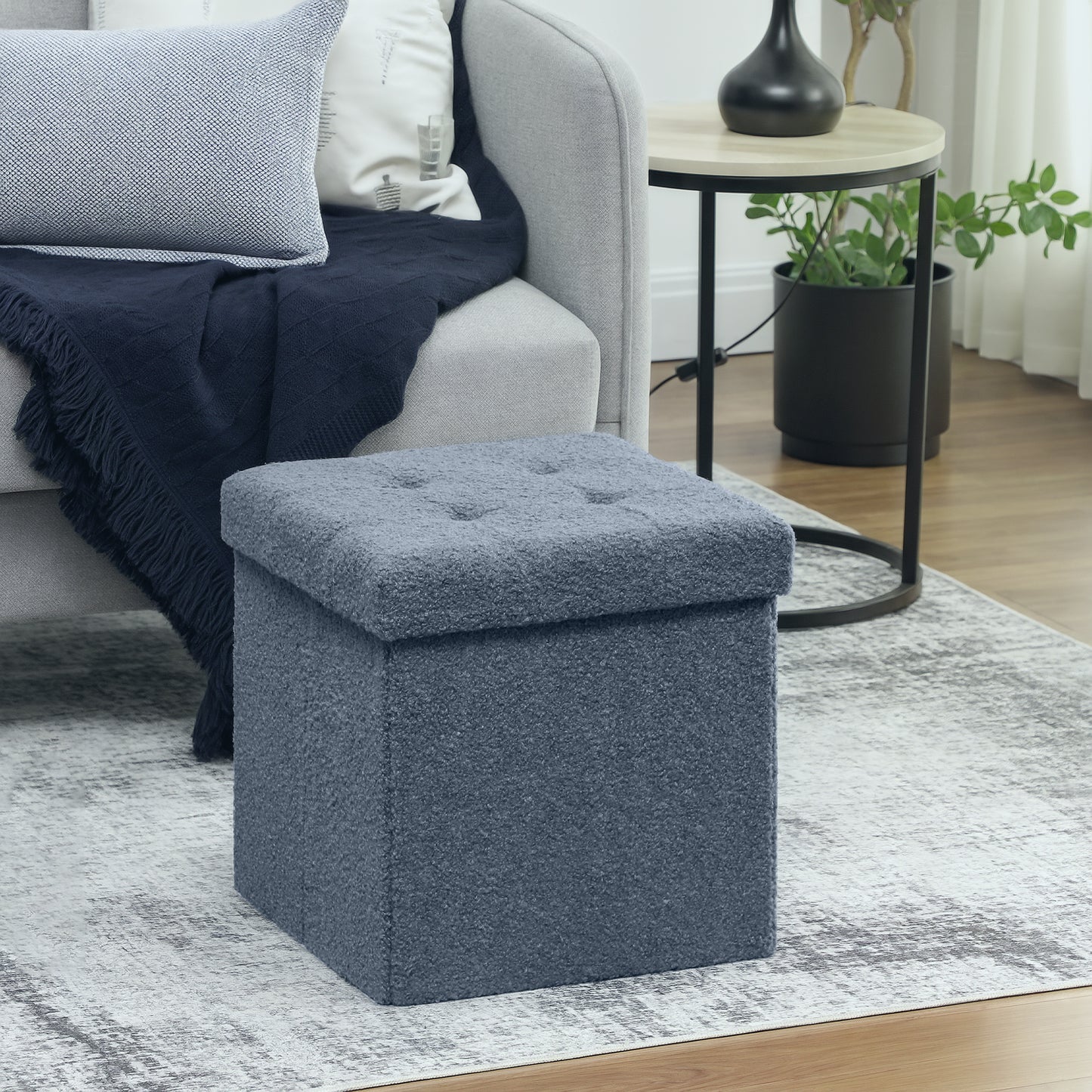 HOMCOM Foldable Sherpa Fleece Storage Ottoman Blue With High Density Foam For Space Saving Living Room Organization