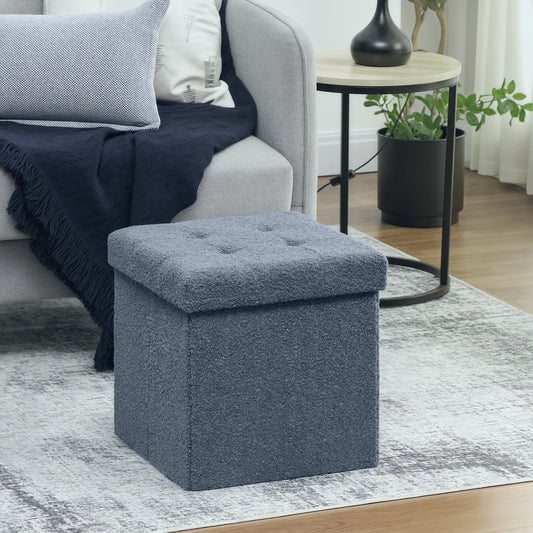 HOMCOM Foldable Sherpa Fleece Storage Ottoman Blue With High Density Foam For Space Saving Living Room Organization