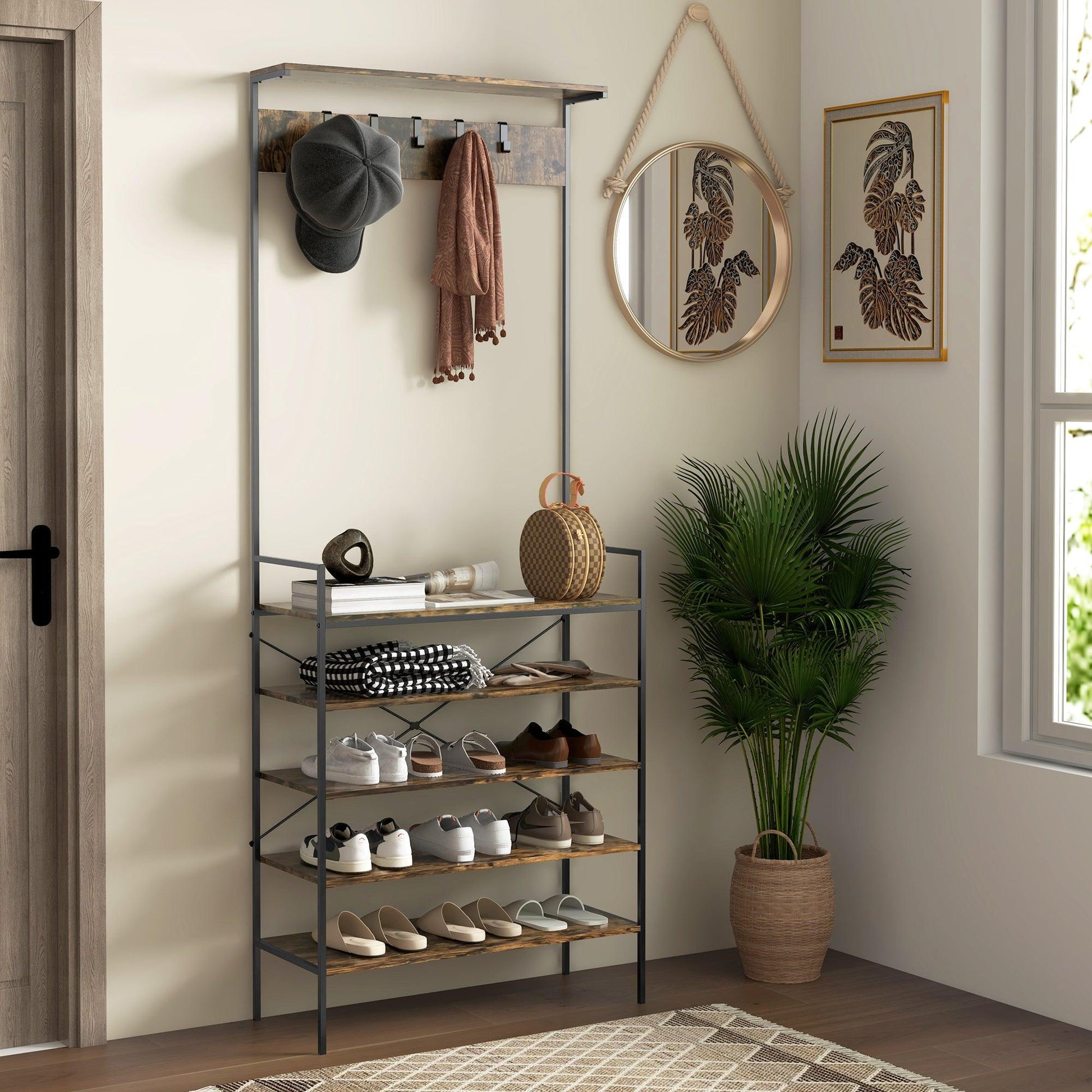 HOMCOM Coat Rack, Coat Stand with Shoe Storage, 5 Hooks for Hallway Rustic Brown - ALL4U RETAILER LTD