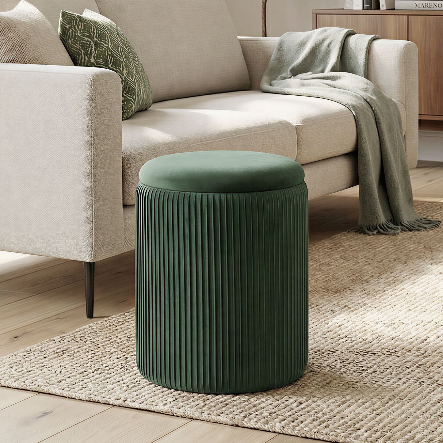 HOMCOM Velvet Round Storage Ottoman Foot Stool 45 cm Dark Green For Living Room And Bedroom With Hidden Storage