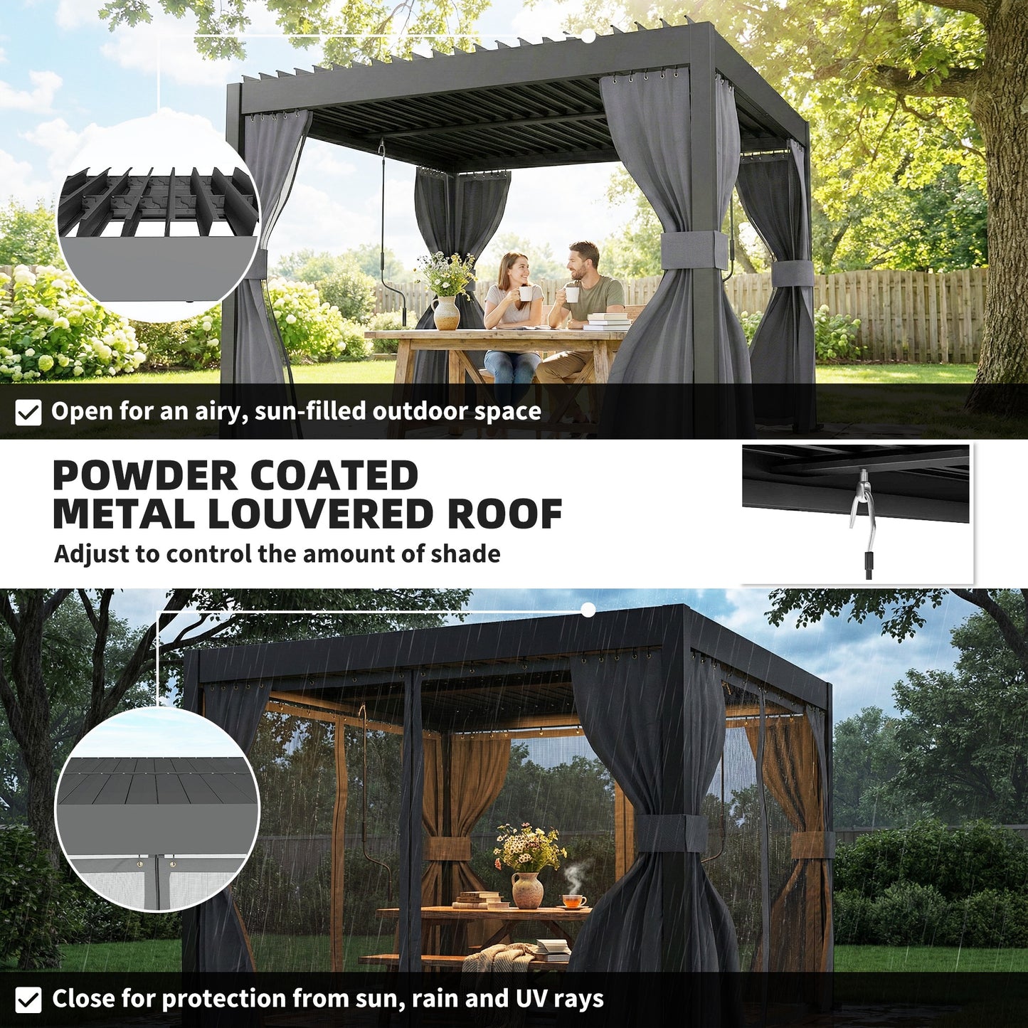 Outsunny 3x3 M Louvered Pergola With Adjustable Metal Roof Aluminum Patio Gazebo With Netting And Curtains Dark Grey