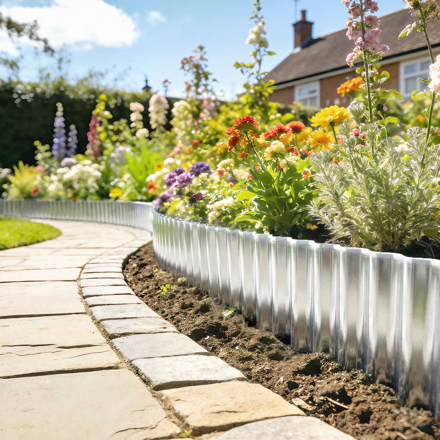 Outsunny Metal Garden Edging Border 8 Inch By 21.3 Foot Corrugated Heavy Duty Galvanised Steel Lawn Edging Silver Tone