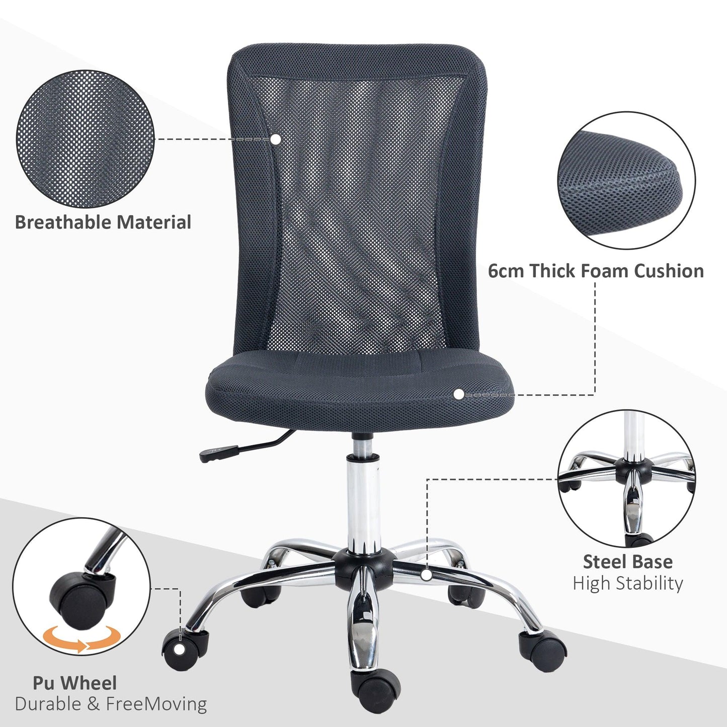 Vinsetto Dark Grey Mesh Office Chair, Adjustable Height, Swivel Wheels - ALL4U RETAILER LTD