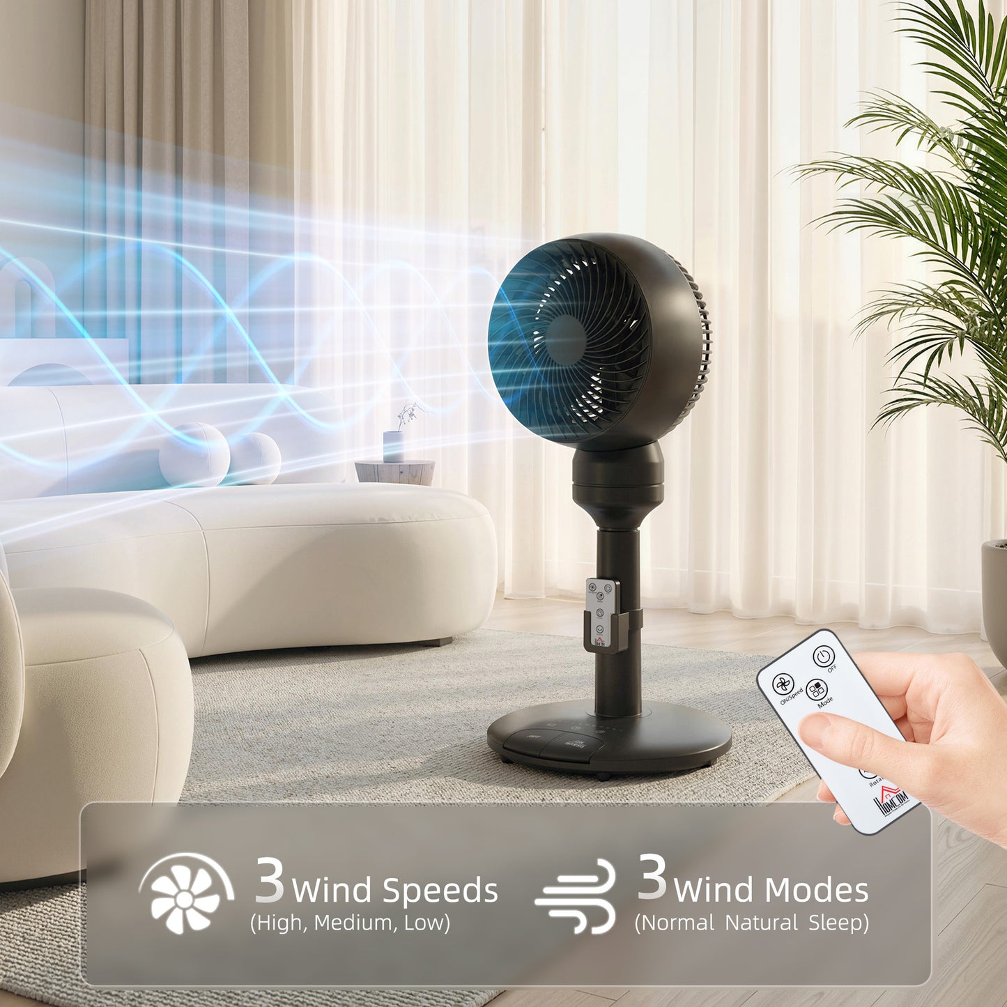 HOMCOM Air Circulator Pedestal Fan With 9 Inch Oscillating Head Remote Control 3 Speed 3 Mode Black
