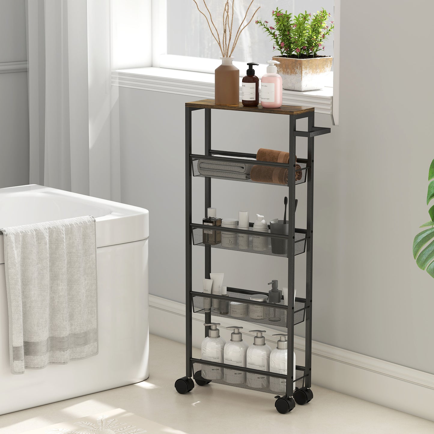 HOMCOM Slim Storage Trolley 5 Tier Kitchen Cart On Wheels With Wood Effect Top For Living Room Bathroom Black
