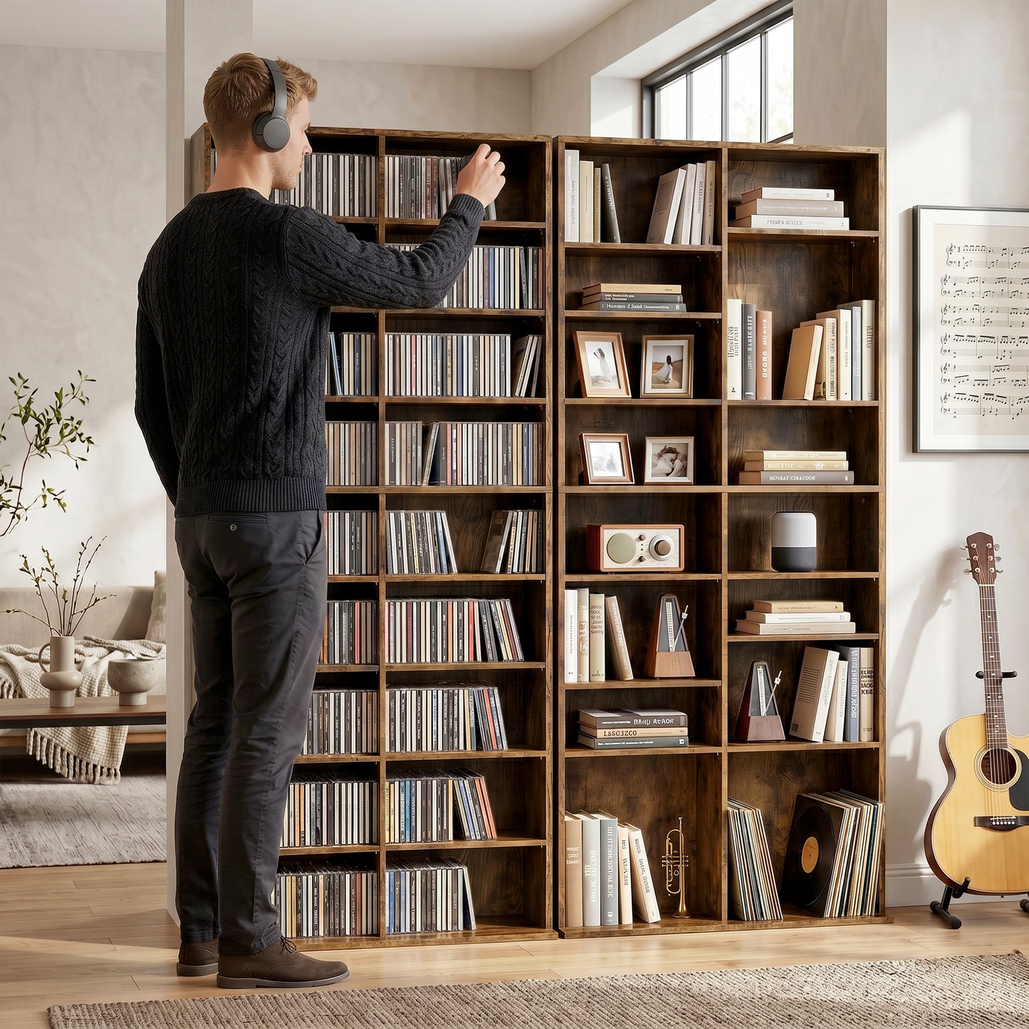 HOMCOM 640 CD Storage Tower Rustic Brown with 14 Adjustable Shelves and Anti Tipping