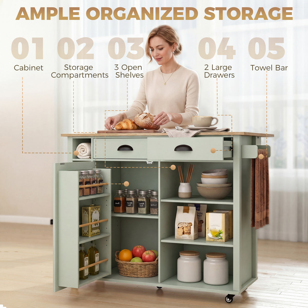 Light green kitchen island with open shelves, storage compartments, drawers, and towel bar