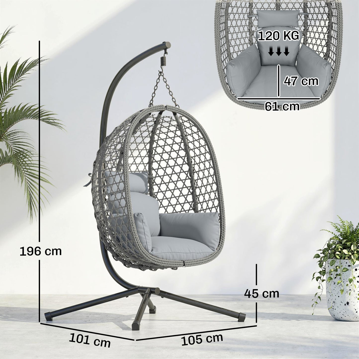 Outsunny Hanging Egg Chair Indoor Outdoor Rattan Hammock Swing Chair With Stand Safety Strap Foldable Basket Dark Grey