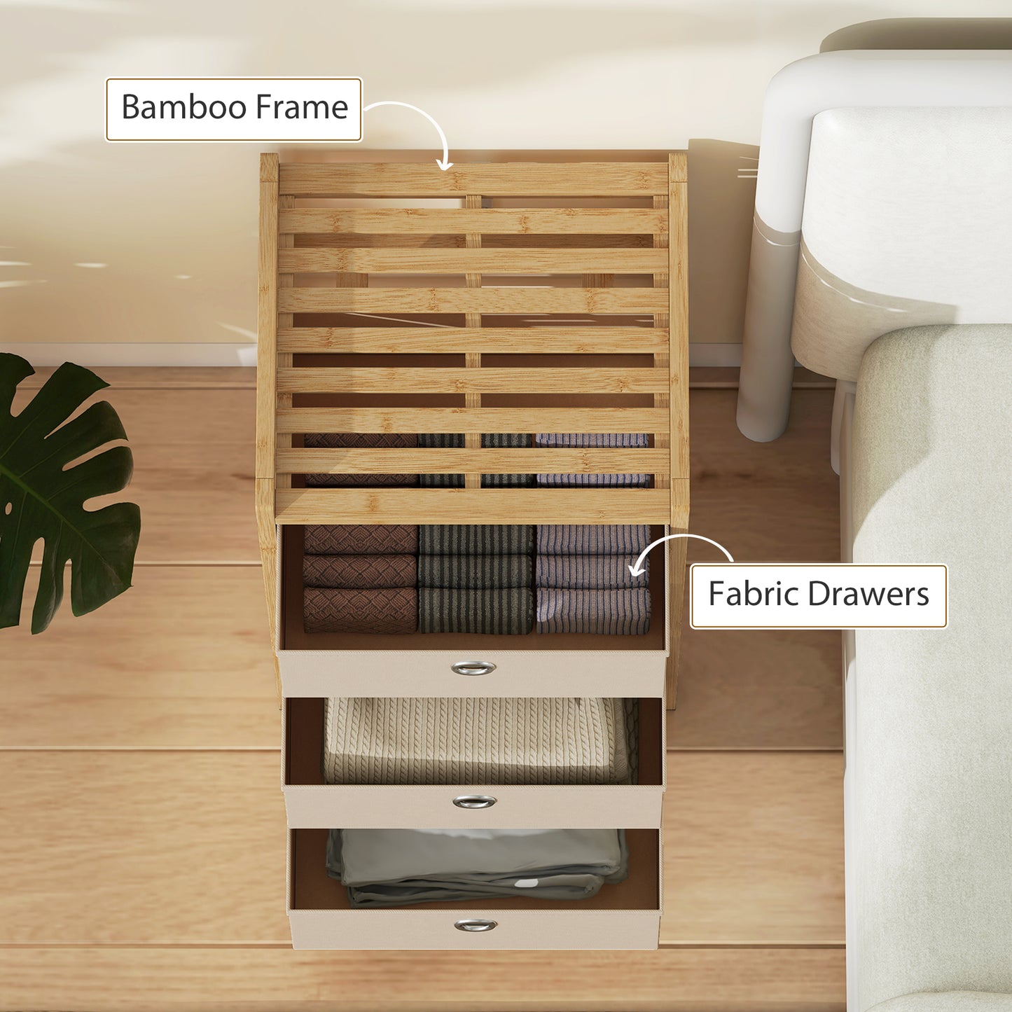 HOMCOM Narrow Chest Of Drawers With Bamboo Frame And 3 Fabric Drawers In Cream White