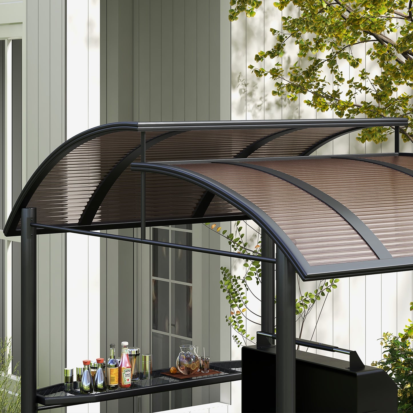 Outsunny 2.4 x 1.5m Weather-Resistant BBQ Gazebo with Shelves and PC Roof, Dark Grey - ALL4U RETAILER LTD