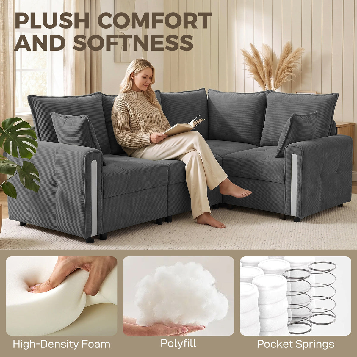 Dark grey L-shaped sectional sofa with padded arms and back cushions