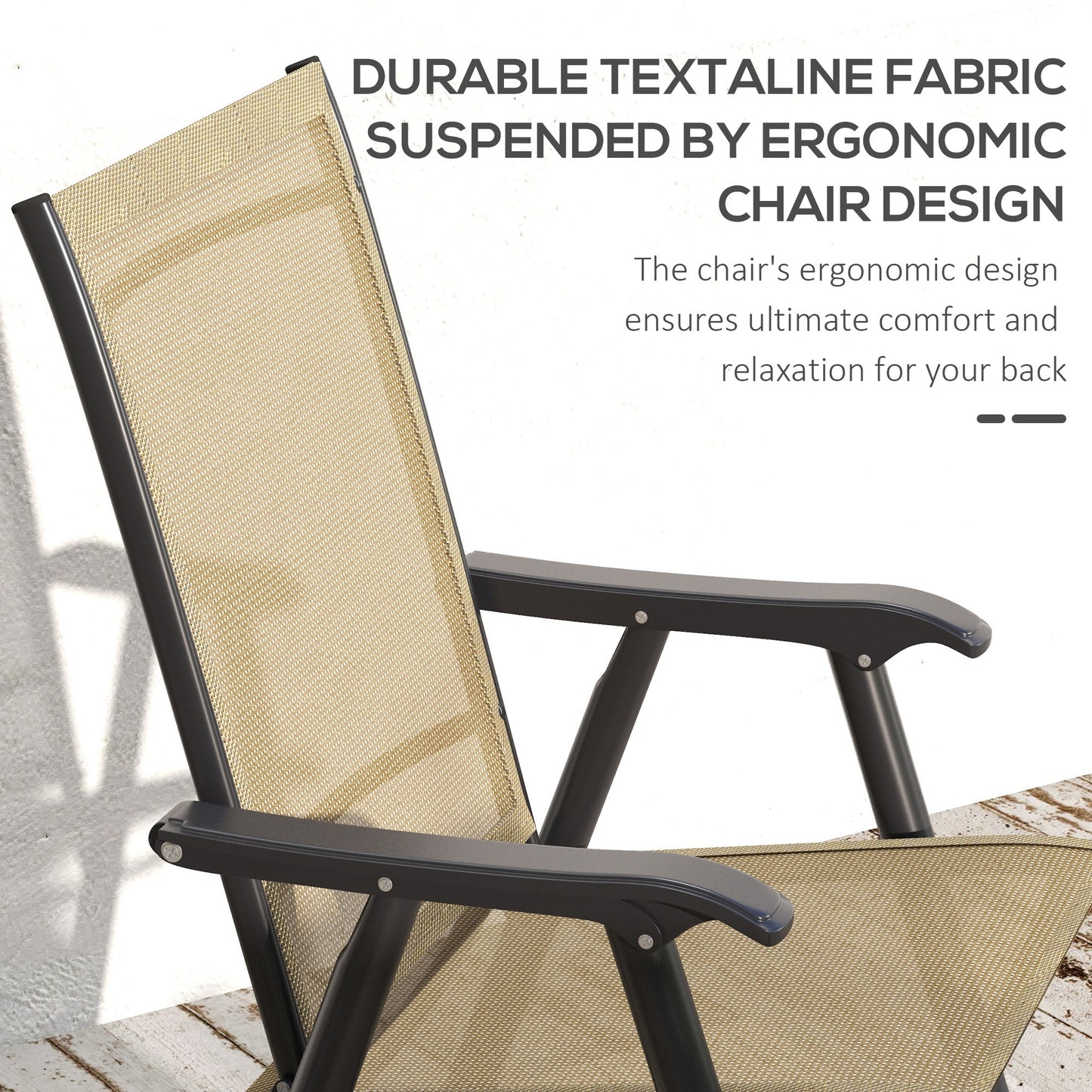 Outsunny Set of Four Folding Garden Chairs Light Brown with Breathable Textilene Panels and Powder Coated Metal Frames