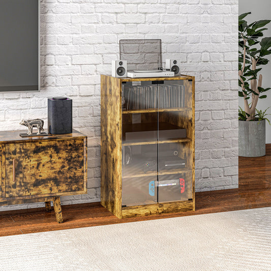 Rustic brown record player cabinet with tempered glass doors and interior shelves