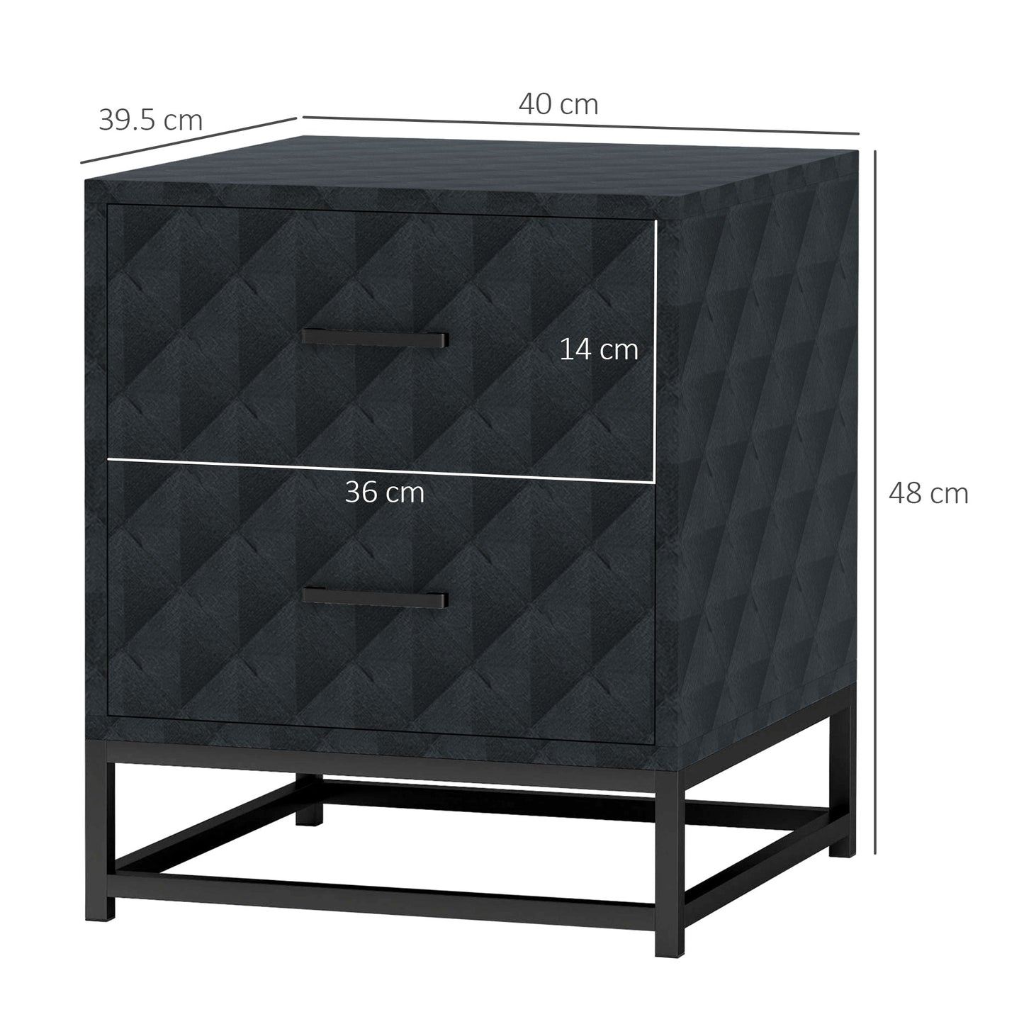 HOMCOM Bedside Tables Set of 2 Modern Nightstands With 2 Drawers Diamond Pattern Veneer Black Steel Legs