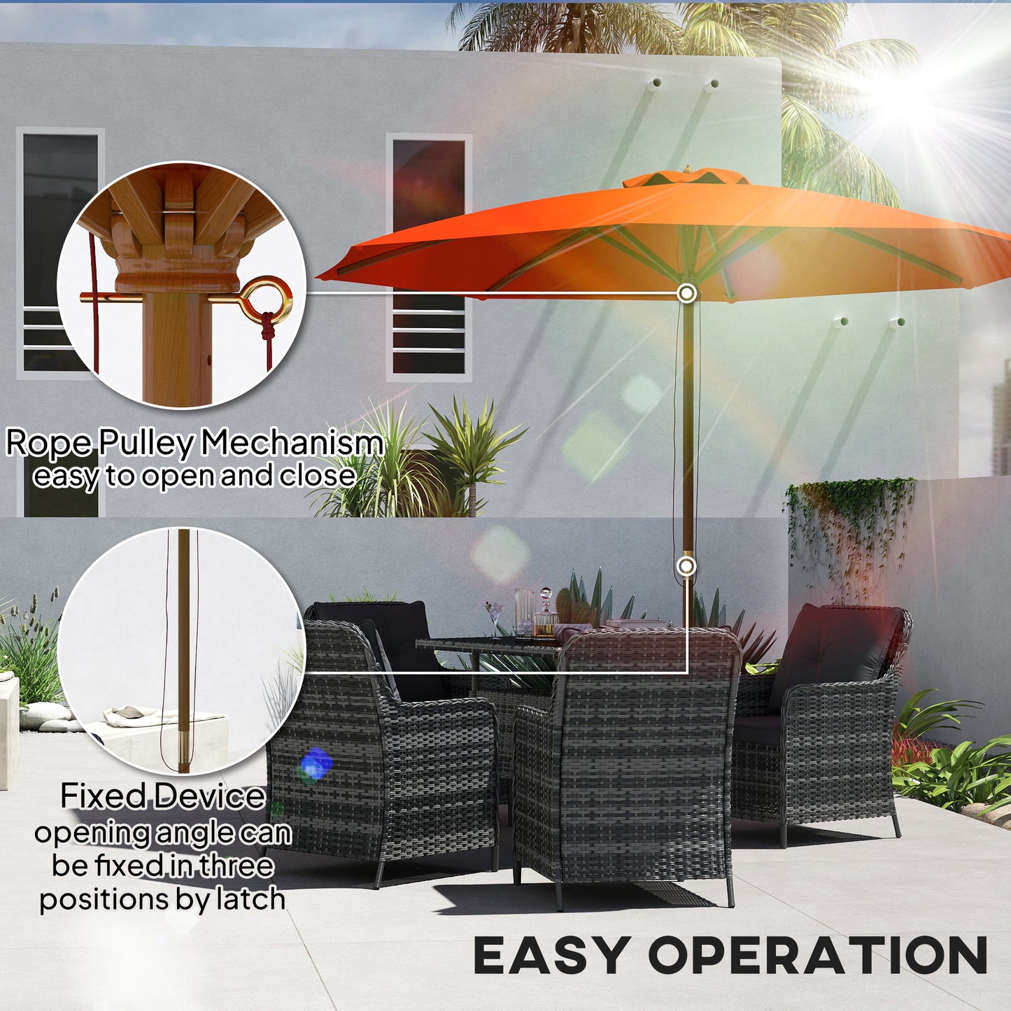 Outsunny 3m Wood Pole Parasol Umbrella Orange For Patio Garden With Vented Canopy And Adjustable Angle Three Positions