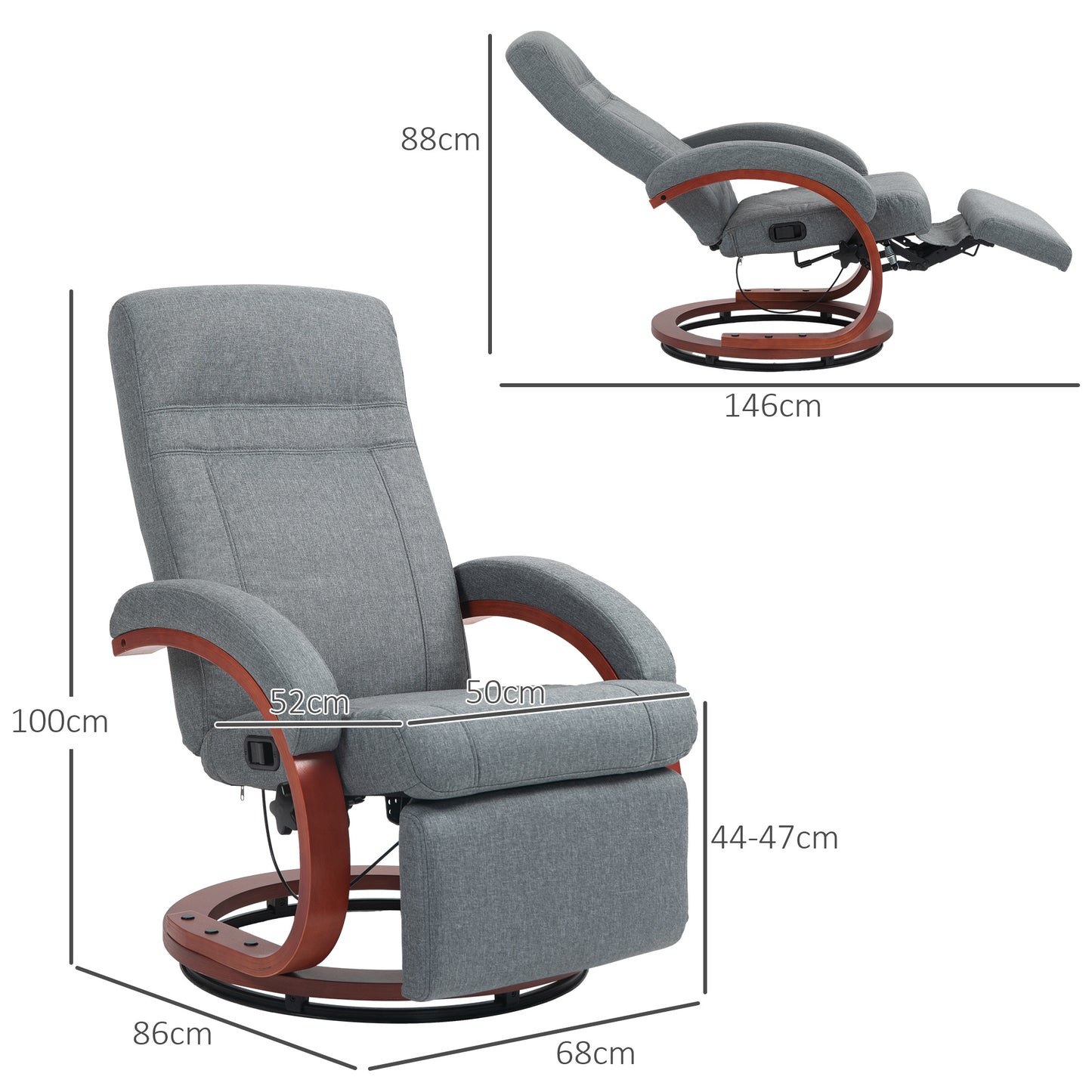 HOMCOM 135 Degree Manual Reclining Swivel Chair With Footrest Grey High Back Ergonomic Armrests Cushioned Seat
