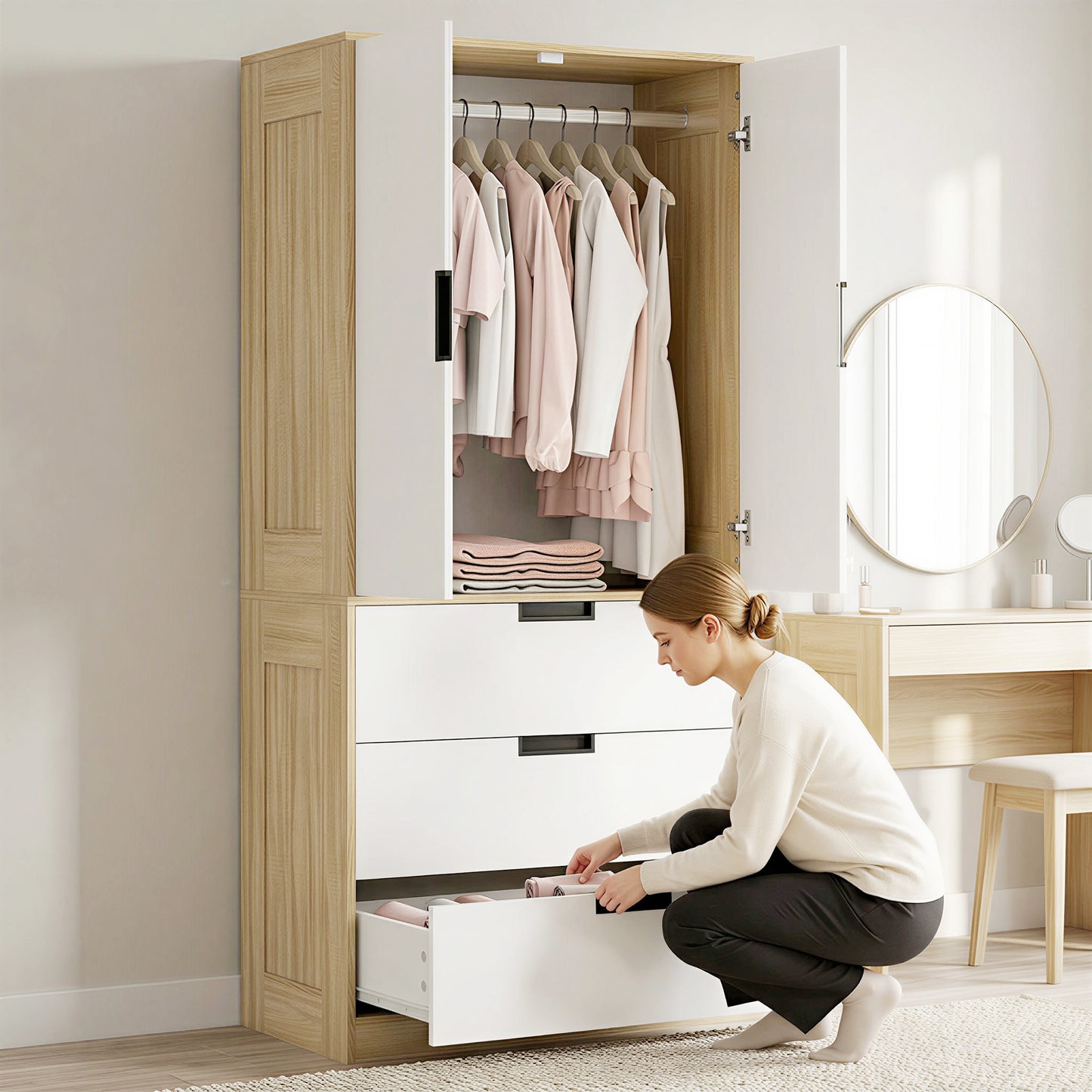 HOMCOM Modern Oak And White Wardrobe With Hanging Rod 3 Drawer 2 Door Storage Cupboard