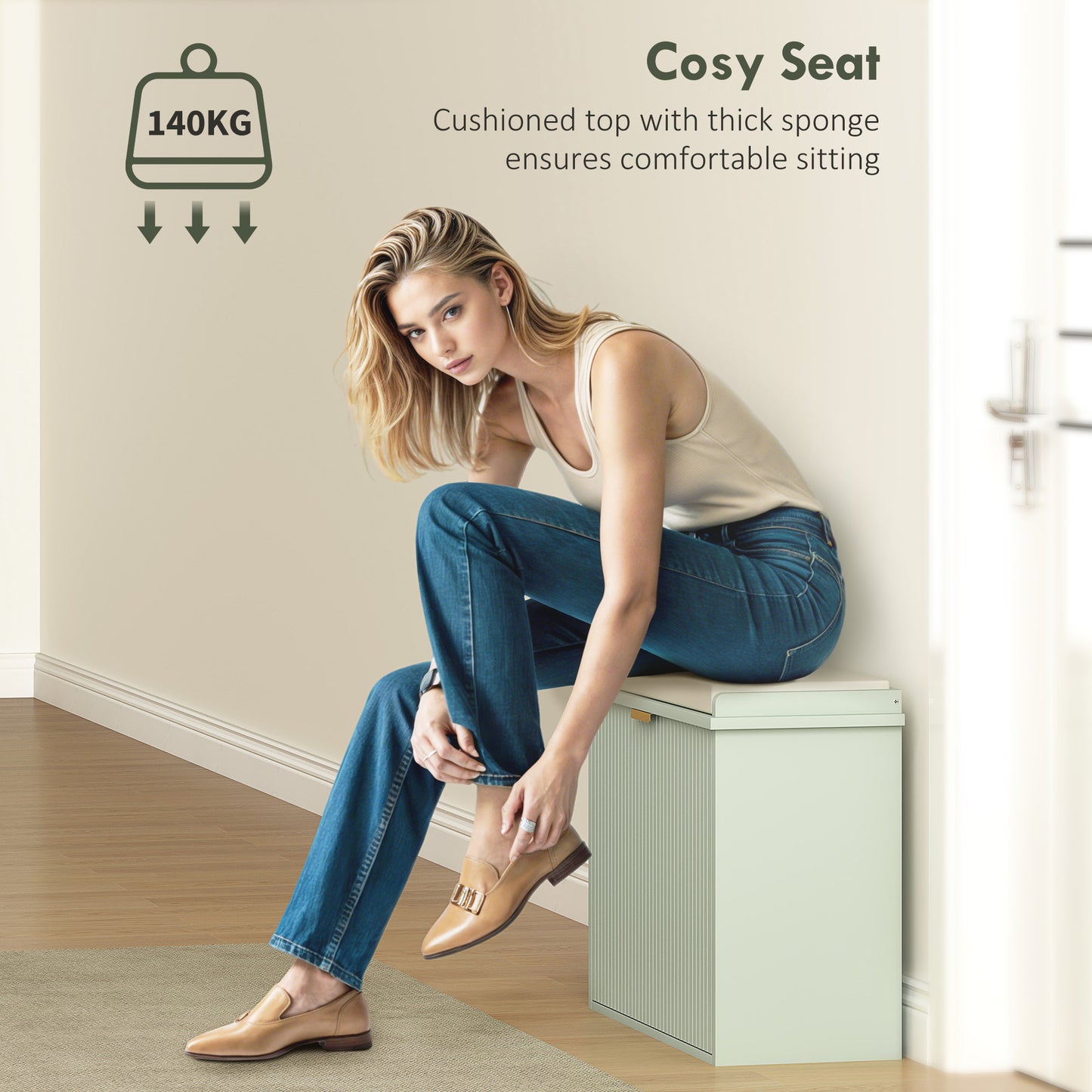 HOMCOM Elegant Six Shoe Bench With Top Seat And Flip Drawer Green Linen Feel Cushioned Entryway Bench