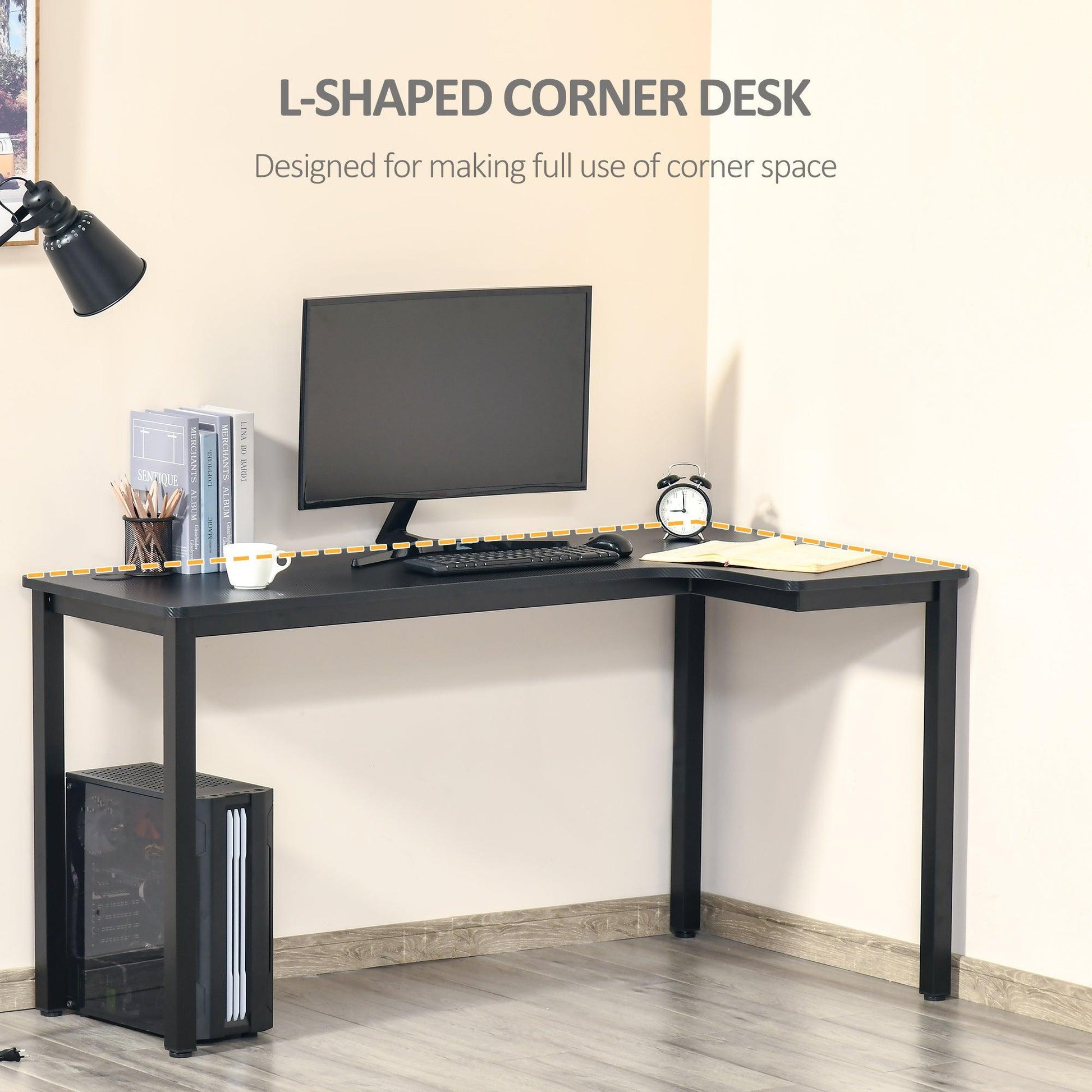 HOMCOM L-Shaped Gaming Desk, Computer Corner Desk, Cable Management - 145 x 81 x 76cm, Black - ALL4U RETAILER LTD