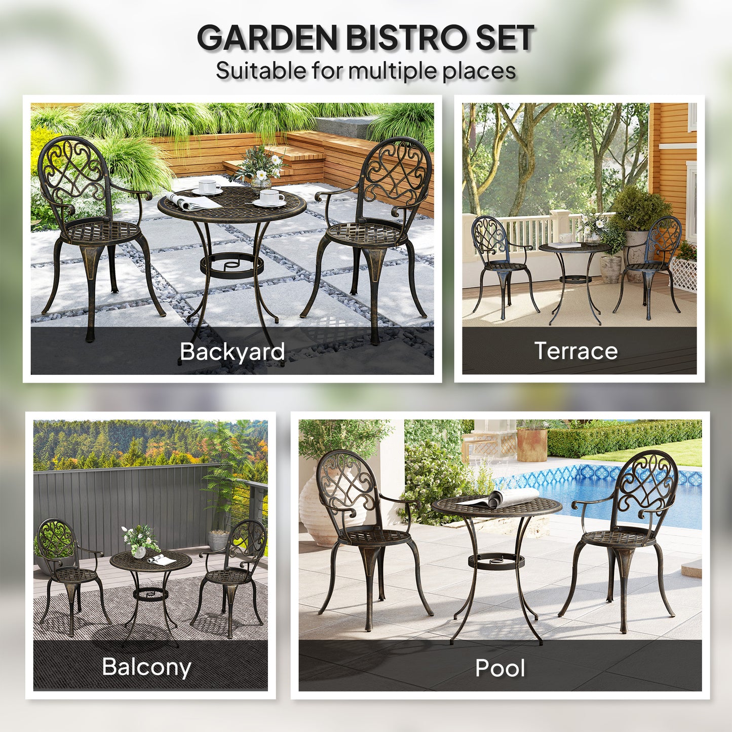 Outsunny Three Piece Aluminium Garden Bistro Set with Round Table and Two Chairs Bronze Tone Outdoor Furniture