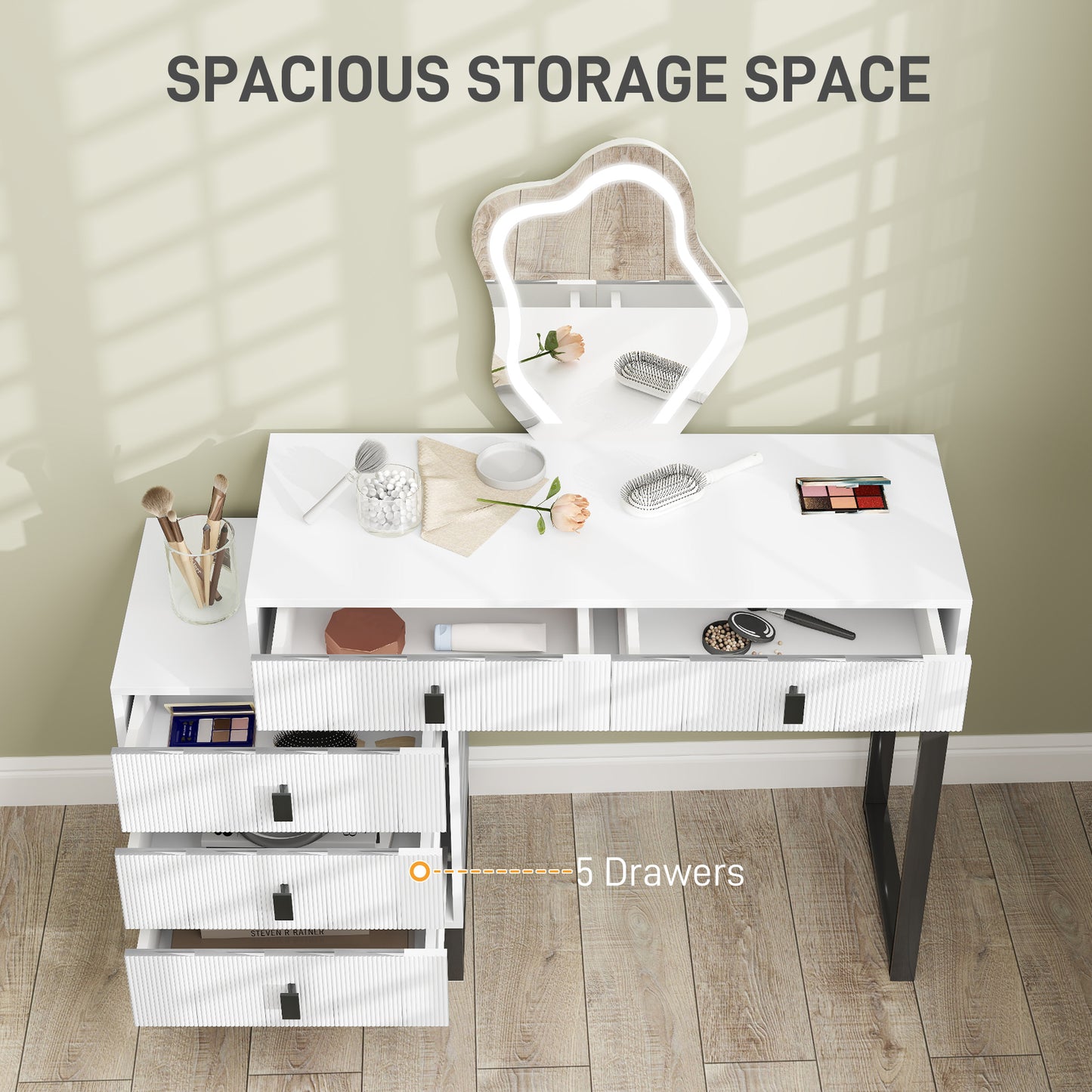 HOMCOM Dressing Table Vanity Desk With Leaf Shape Mirror 5 Drawers 3 Color LED Lights 100x40cm Tabletop White