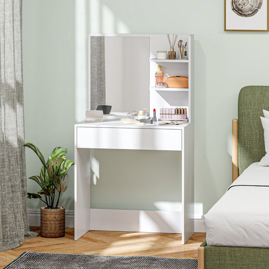 HOMCOM Dressing Table With Mirror And Storage In White Finish For Vanity Desk With Broad Surface And Large Drawer