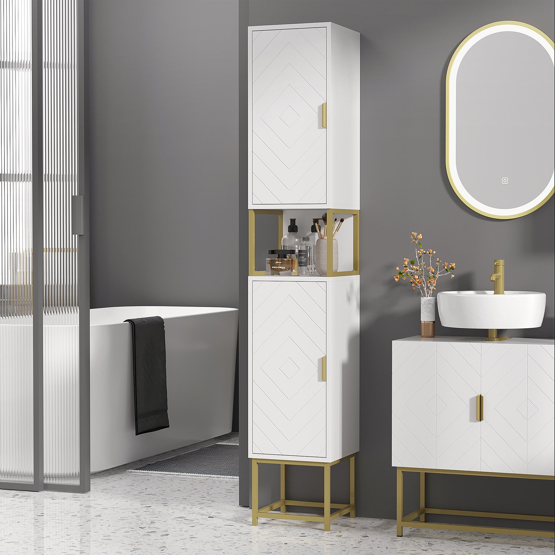 HOMCOM Sleek White Bathroom Tall Storage Cabinet with Adjustable Shelves and Metal Base - ALL4U RETAILER LTD