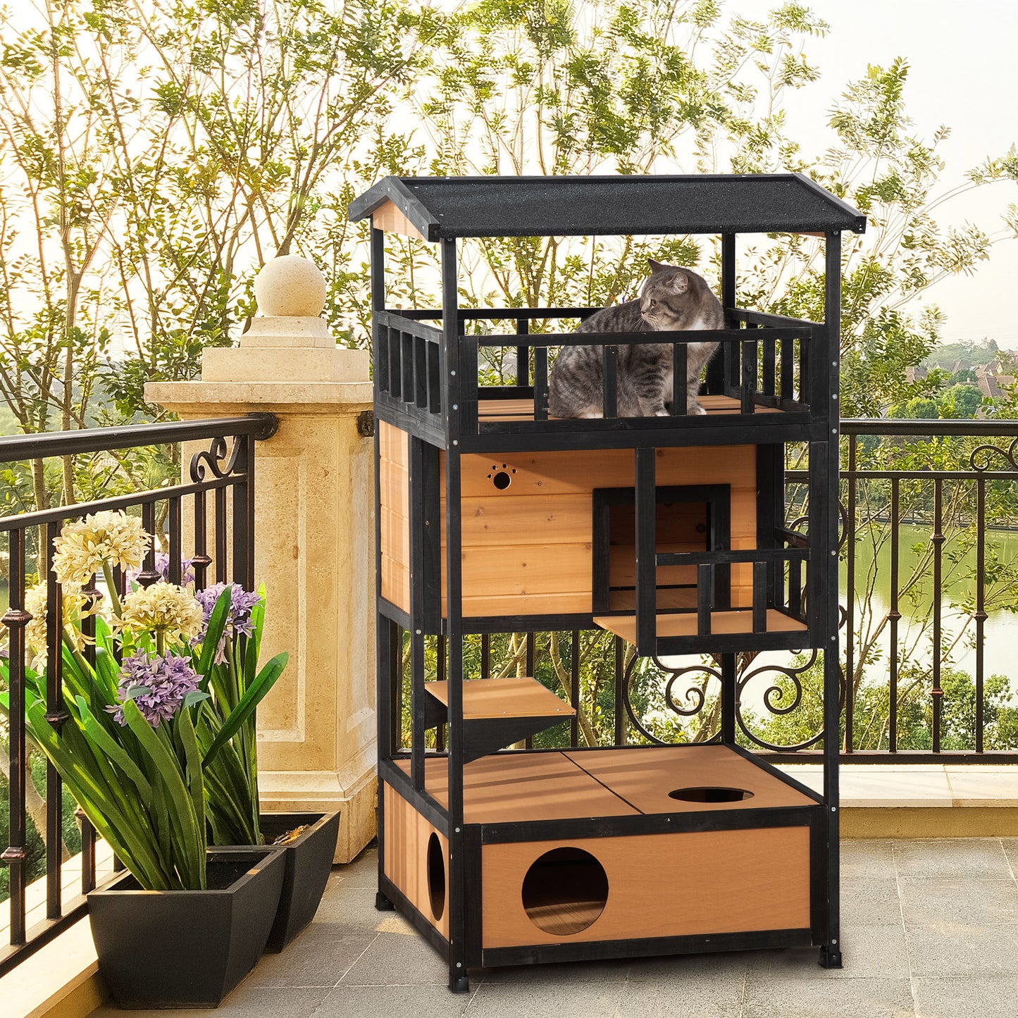 PawHut Three-Tier Outdoor Wooden Cat House with Balcony and Elevated Base - Yellow - ALL4U RETAILER LTD