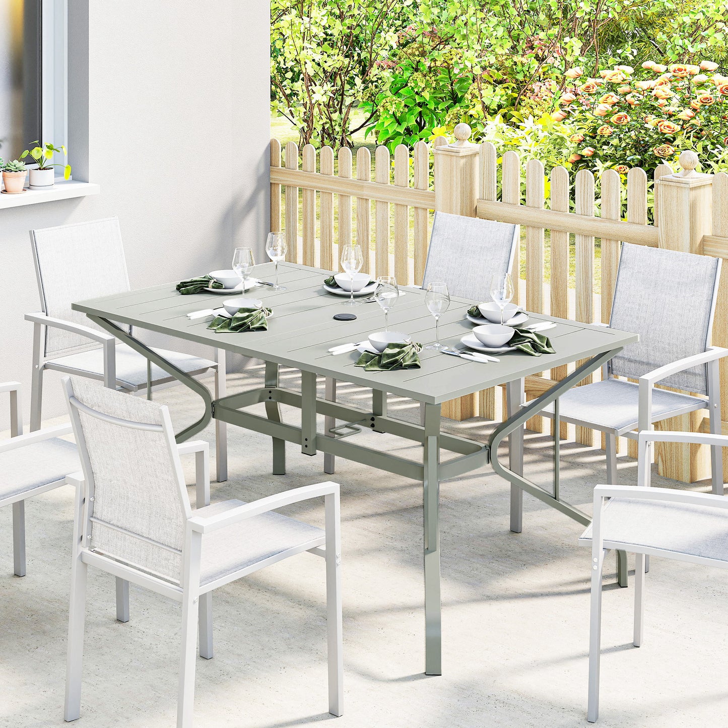 Outsunny Rectangle Garden Table With Parasol Hole For Outdoor Dining For 6 Seats 150cm By 90cm Light Grey Patio Balcony