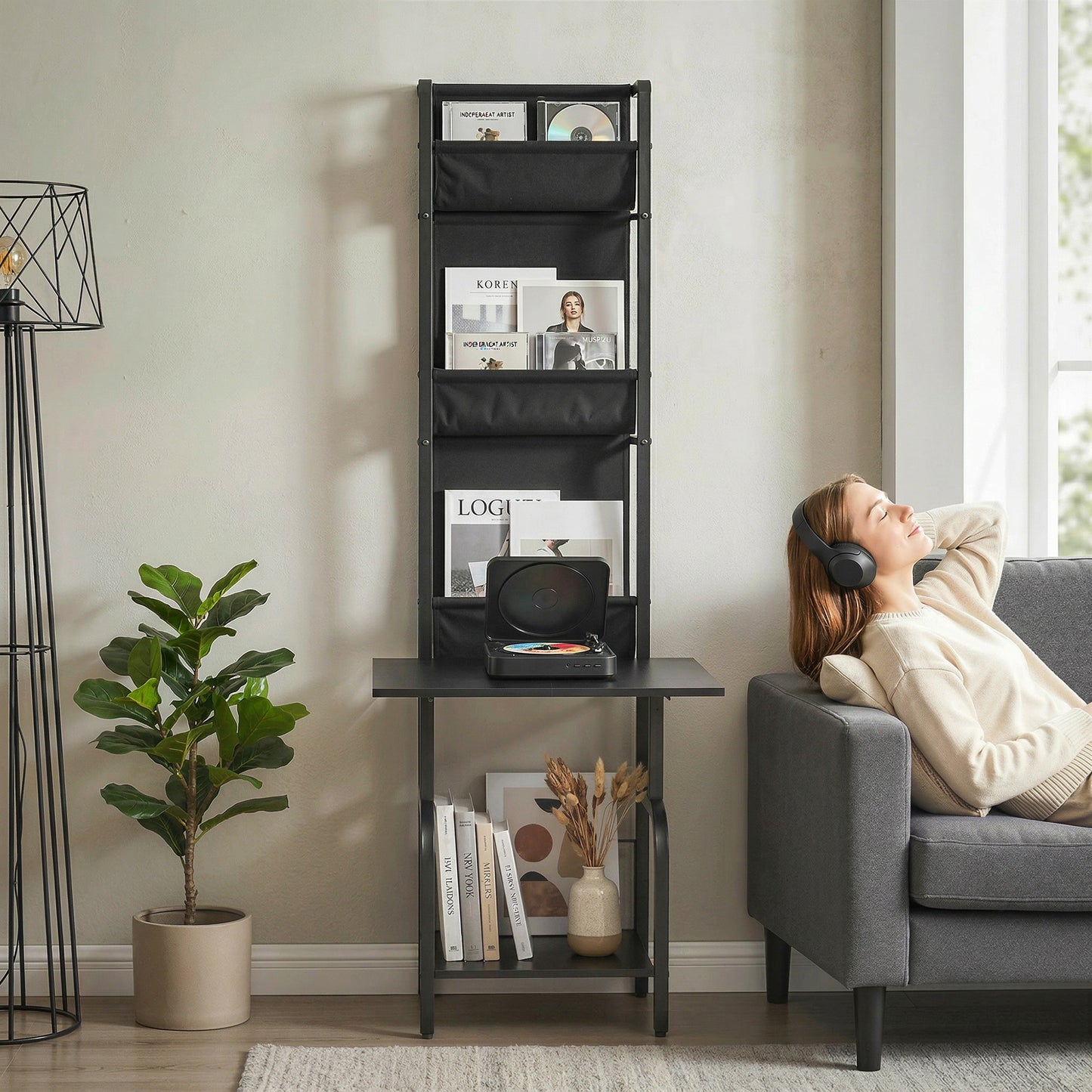 HOMCOM Vinyl Record Player Stand And Storage With Oxford Fabric Pockets Bottom Shelf Black