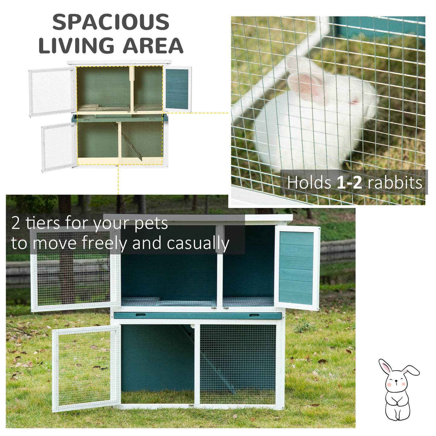 PawHut 2 Tier Wooden Rabbit Hutch and Guinea Pig Cage with Slide-out Tray for Indoor/Outdoor Use, 104 x 58 x 110cm, Green - ALL4U RETAILER LTD