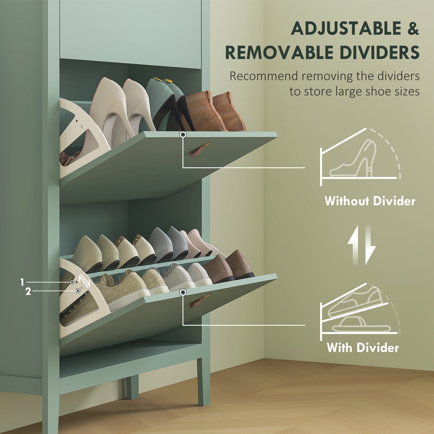 HOMCOM Slim Modern Three Drawer Shoe Cabinet in Green Holds 21 Pairs of Shoes for Neat Entryway Organization