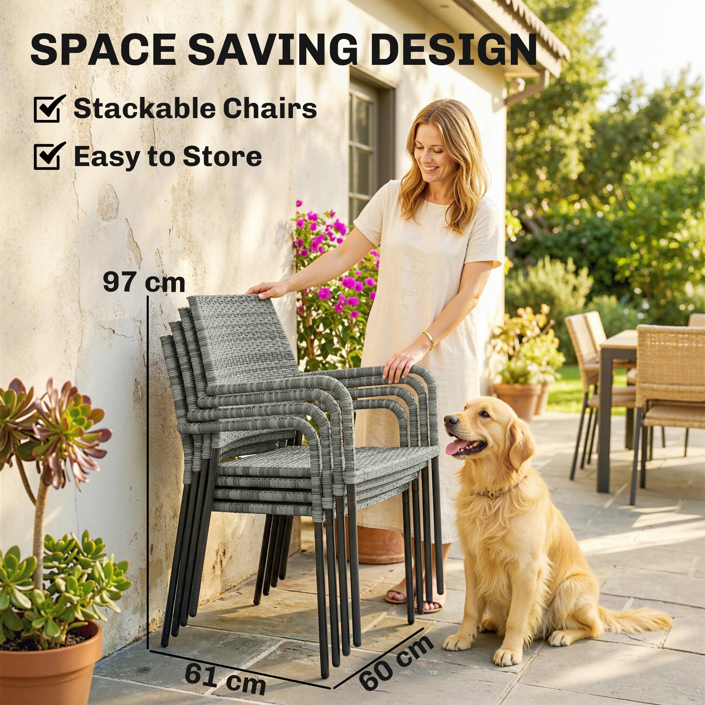 Outsunny 6 Piece Rattan Outdoor Dining Set With Parasol Tempered Glass Tabletop And Stackable Chairs