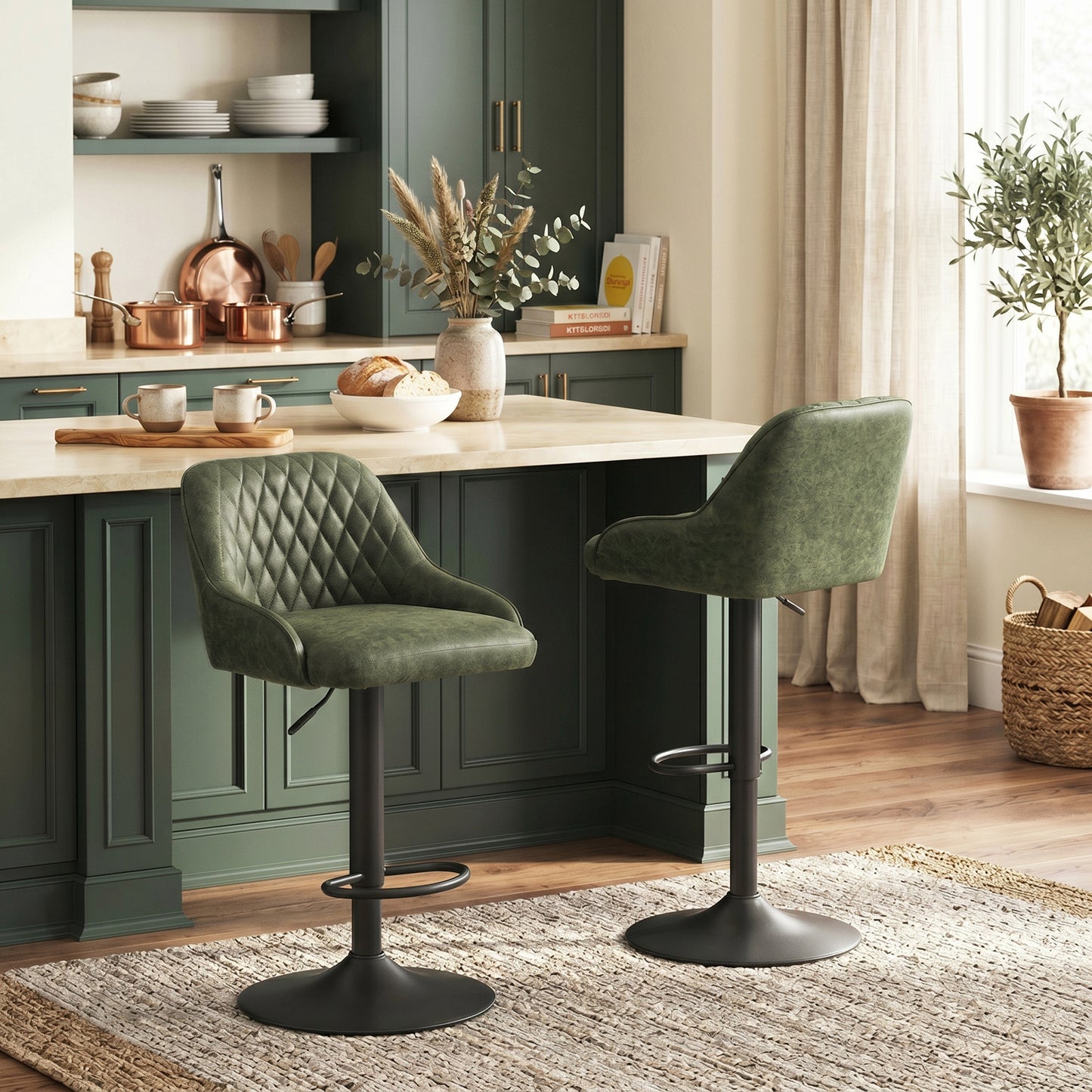 HOMCOM Adjustable Bar Stools Swivel Kitchen Chairs With Backrest Set Of 2 For Kitchen Island Dark Green
