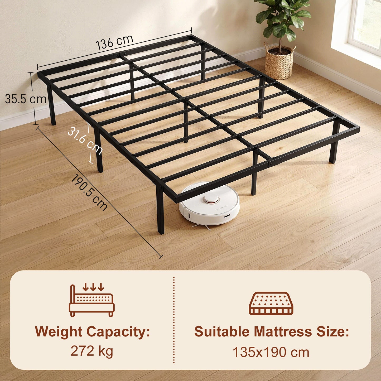 HOMCOM 4ft6 Double Bed Frame With Under Bed Storage And Steel Slat Support No Box Spring Needed