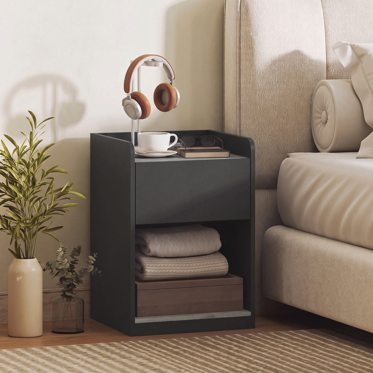 Modern Bedside Nightstand With Drawer Shelf And Cable Holes Grey