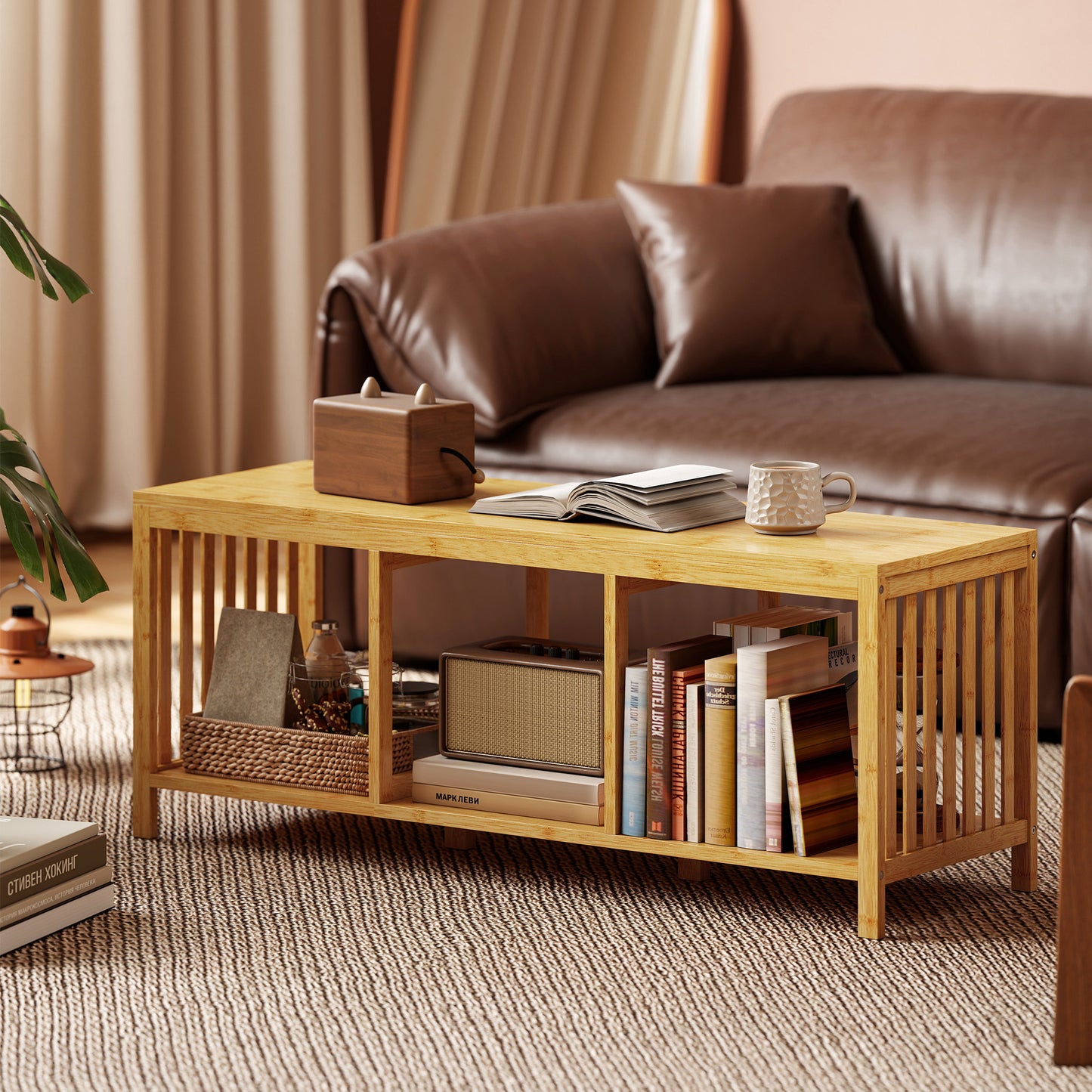 HOMCOM Bamboo Shoe Bench With Padded Cushion And Storage Open Shelf Entryway Organizer In Natural Wood Finish