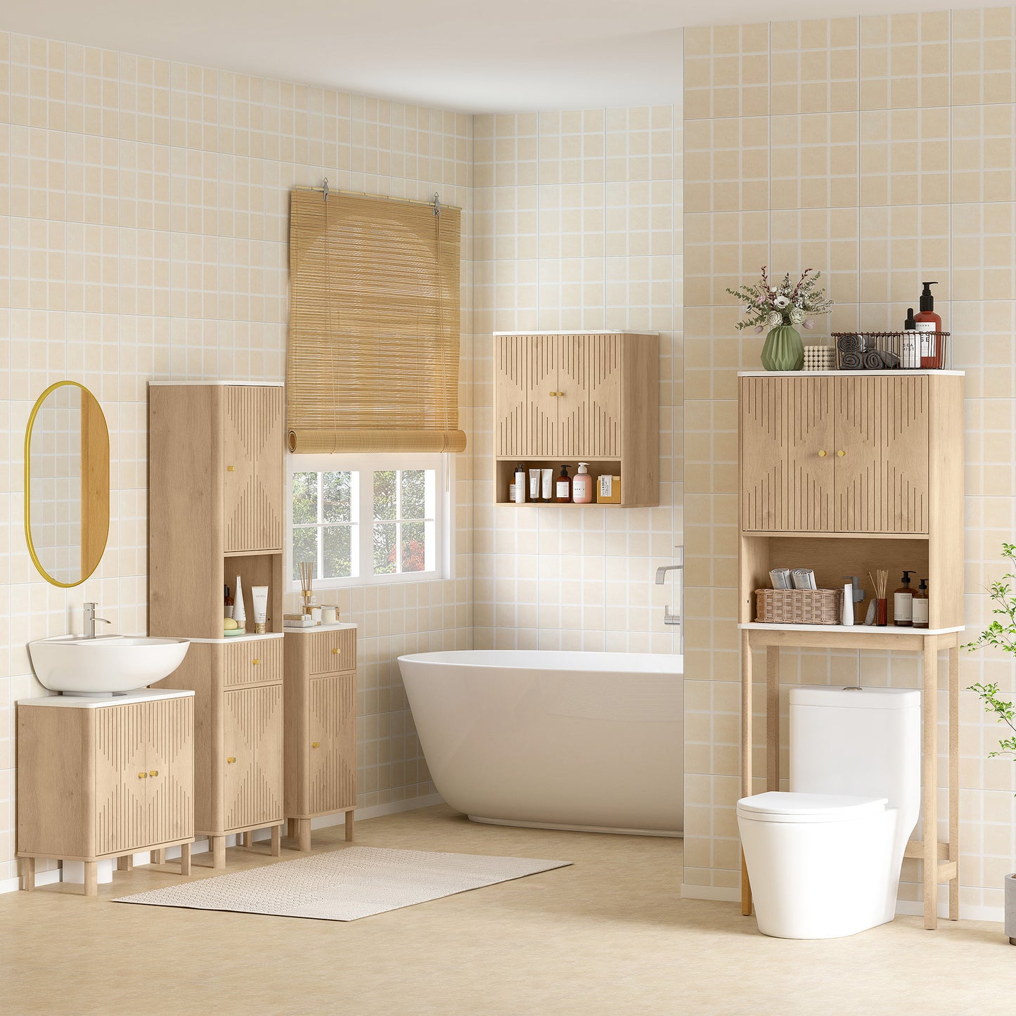 HOMCOM Slim Bathroom Cabinet With Silent Drawer Rail In Wood Finish For Scandinavian Japanese Adjustable Shelves