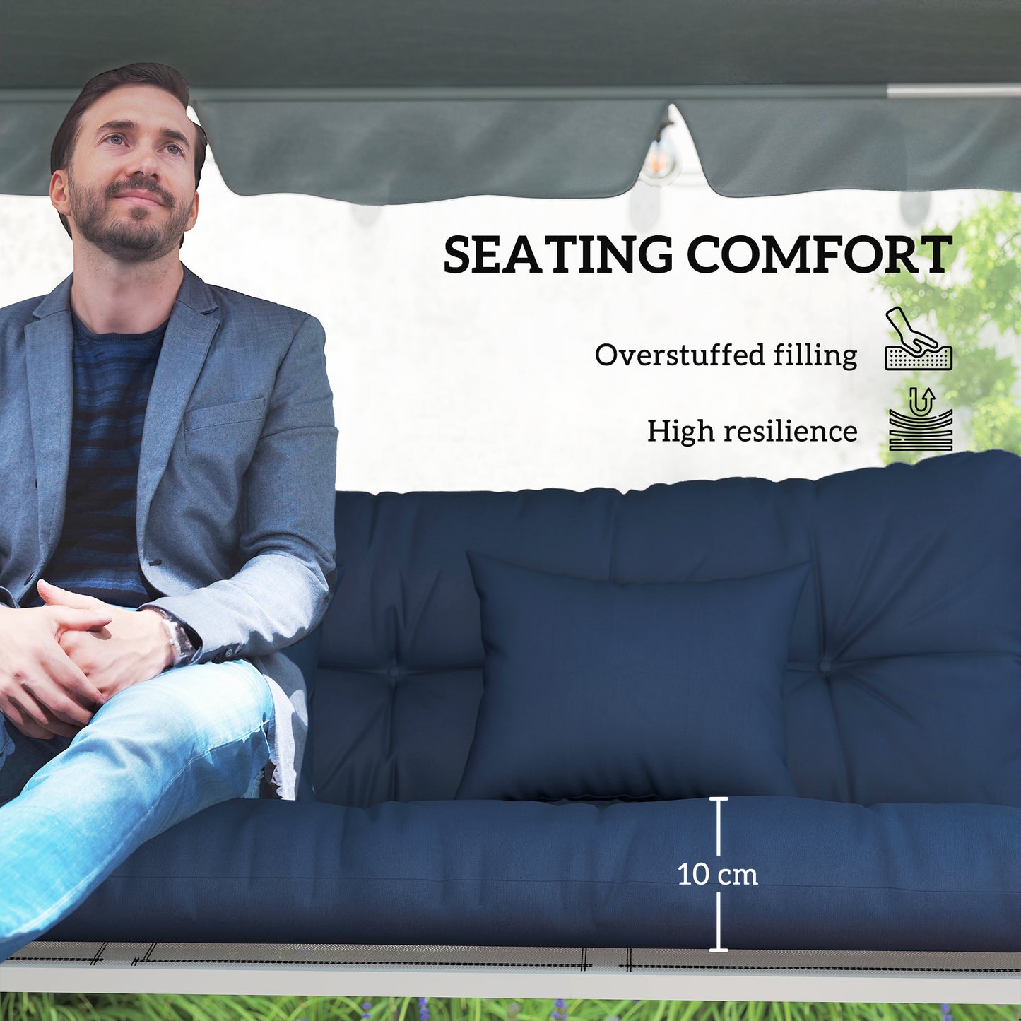 Outsunny Outdoor Seat Cushions Back Cushion With 2 Pillows Water Repellent Seat Pads For 3 Seater Chair Dark Blue