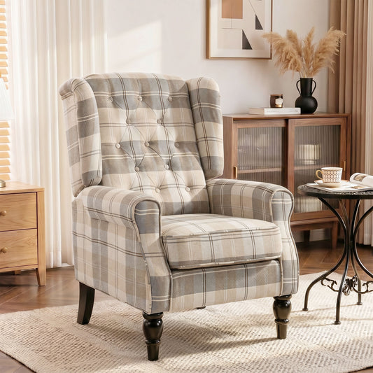 Khaki plaid wingback accent chair with tufted back, rolled arms, and thick spring cushion
