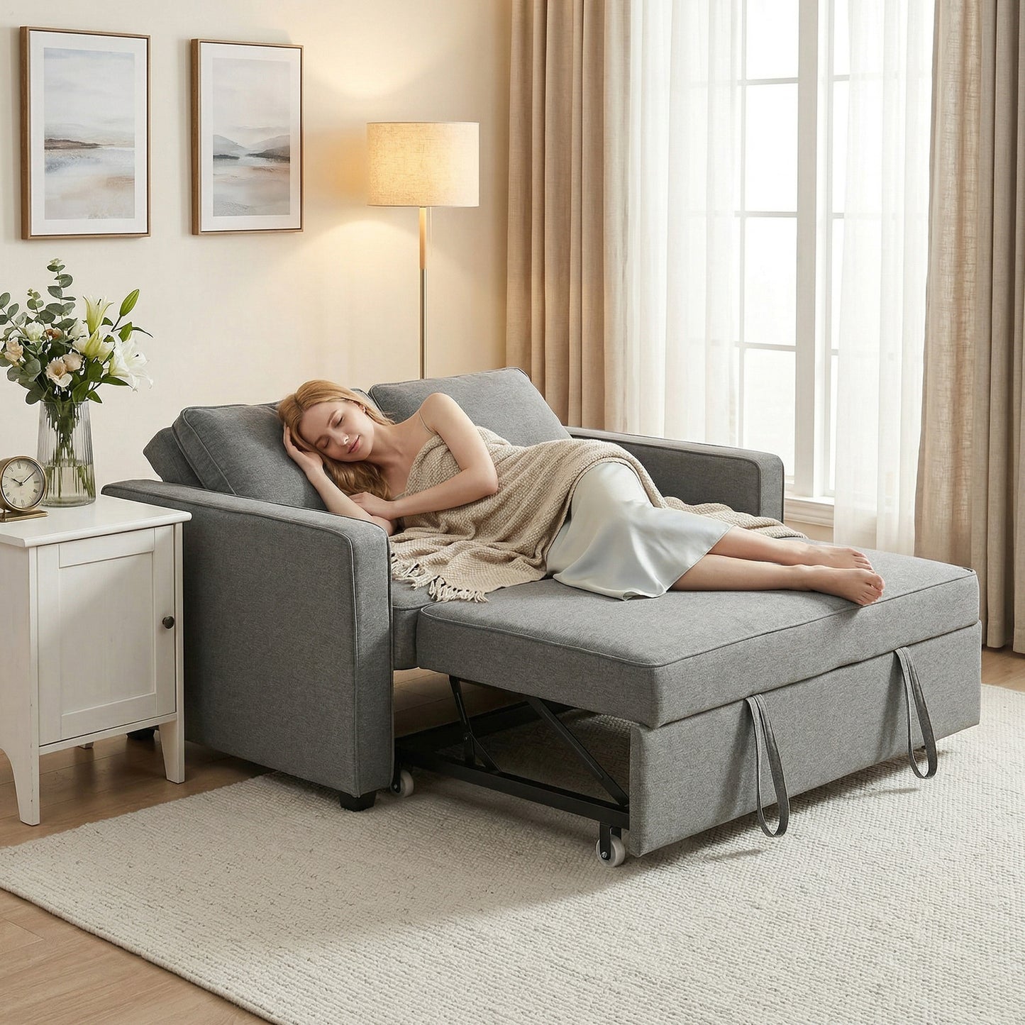 HOMCOM 3 In 1 Click Clack Two Seat Sofa Bed With Adjustable Backrest And Pull Out Bed For Living Room And Bedroom Grey