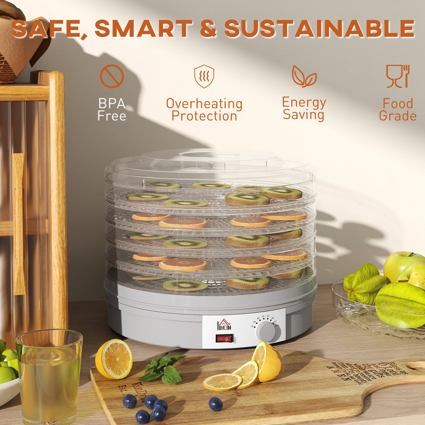 HOMCOM 5-Tier Food Dehydrator 245W With Adjustable Temperature 35 To 70 C For Fruit Meat Veg Jerky And Pet Treats Grey